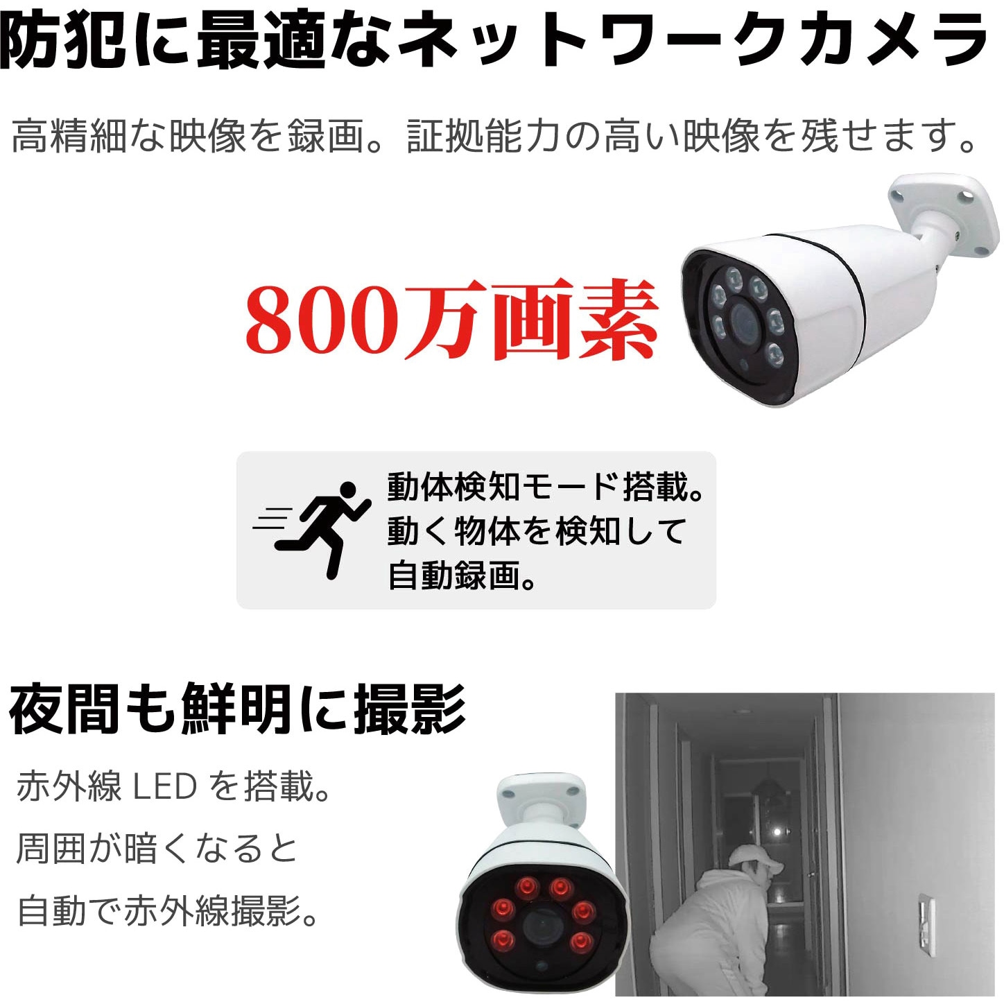 SEC-N-4K-8T 800万画素PoEタイプNVR防犯カメラセット カメラ4台 