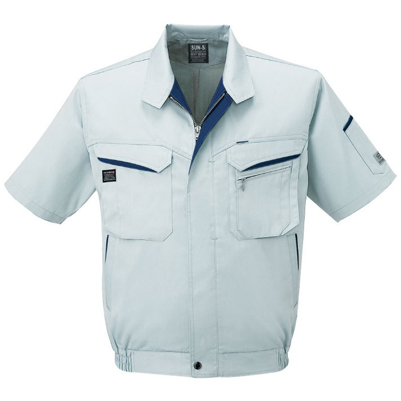 WA10470B ワンポイント半袖ブルゾン(受注生産) サンエス 帯電防止 シルバー×ネイビー色 SS着丈59cm  WA10470B 5,642円