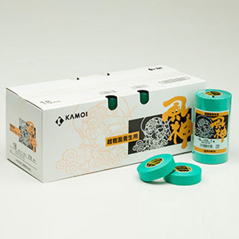 風神 超粗面養生用マスキングテープ カモ井加工紙 緑色 和紙基材 幅15mm長さ18m 1箱(8巻×10パック)