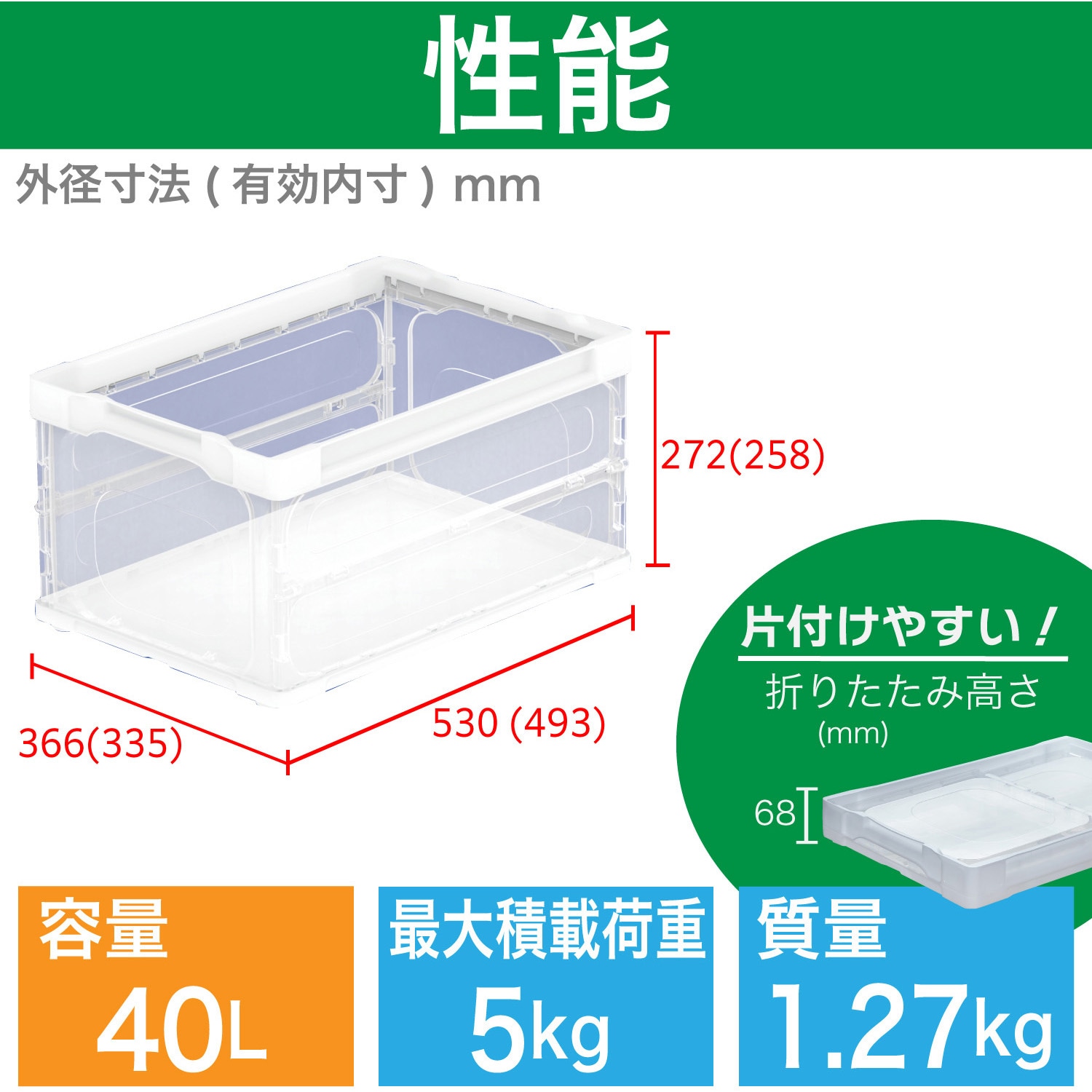 TRL-S40TM 折りたたみコンテナ超軽量 TRUSCO 透明色 容量43.9L 奥行 