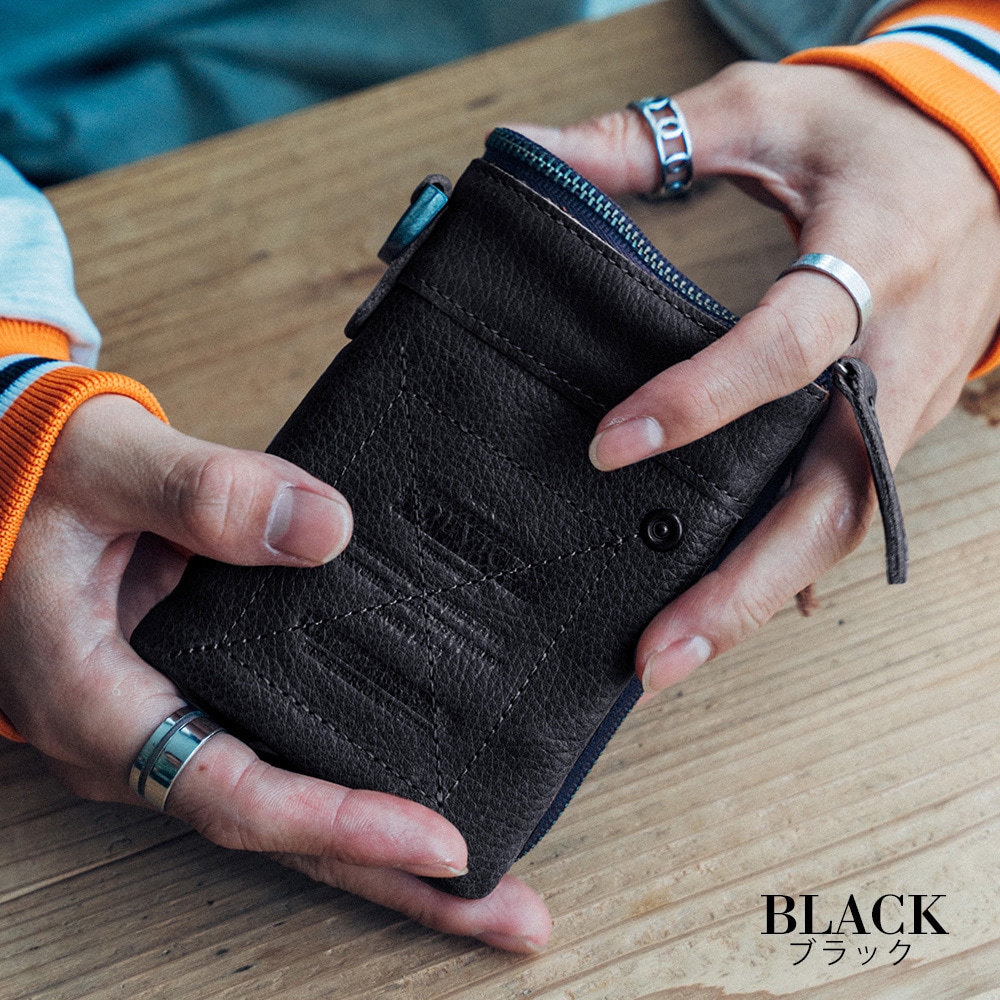 DEVICE デバイス Work ミリタリー 本革 レザー 型押し 二つ折り 財布 コンパクト ウォレット 取り外し可能 カードケース付き