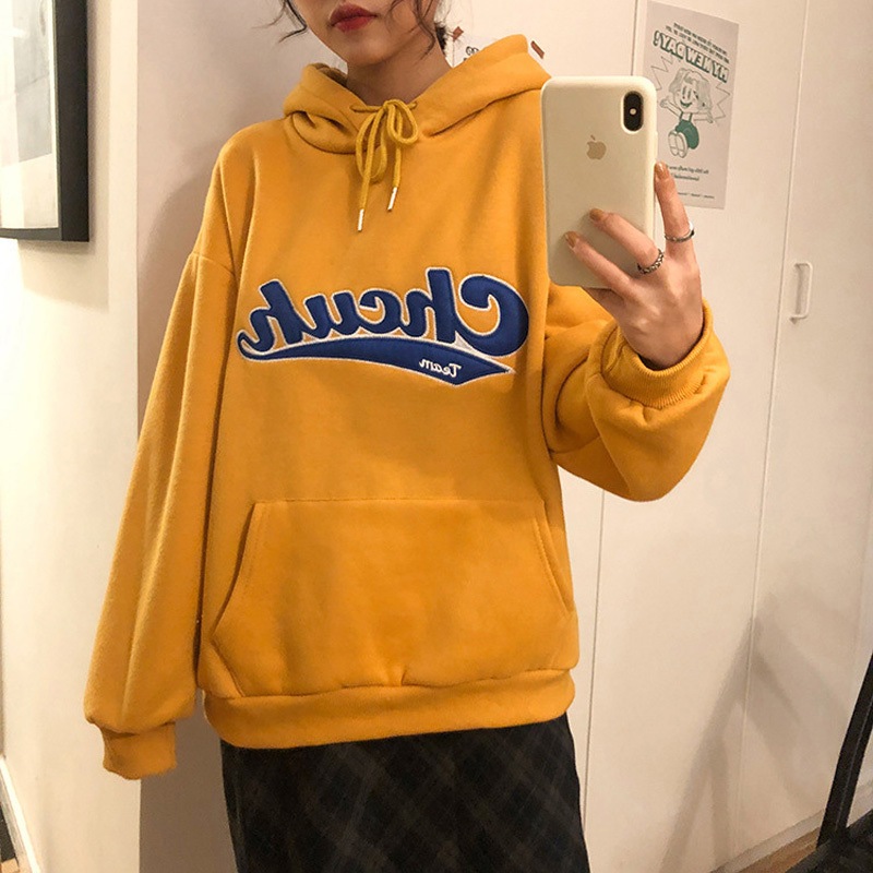 TA14646-YE-F 韓国風ビッグシルエットフード付き カレッジロゴ