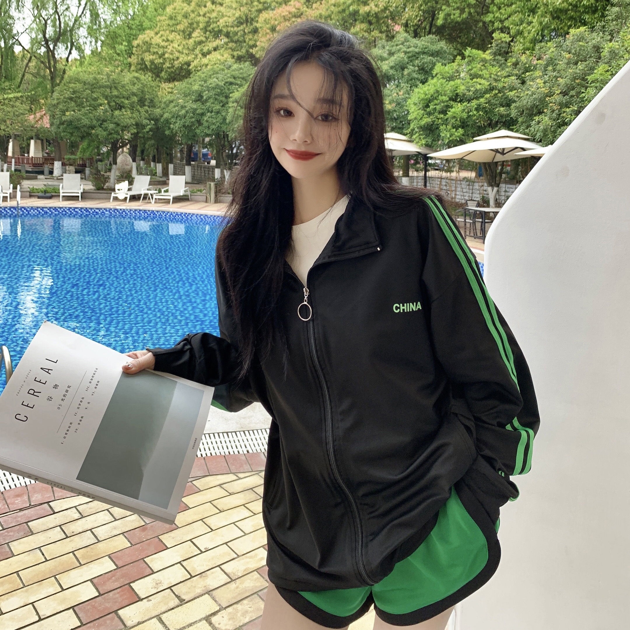 TA409-BKGR-F 薄手 ダブルライン トラックジャケット ジャージ