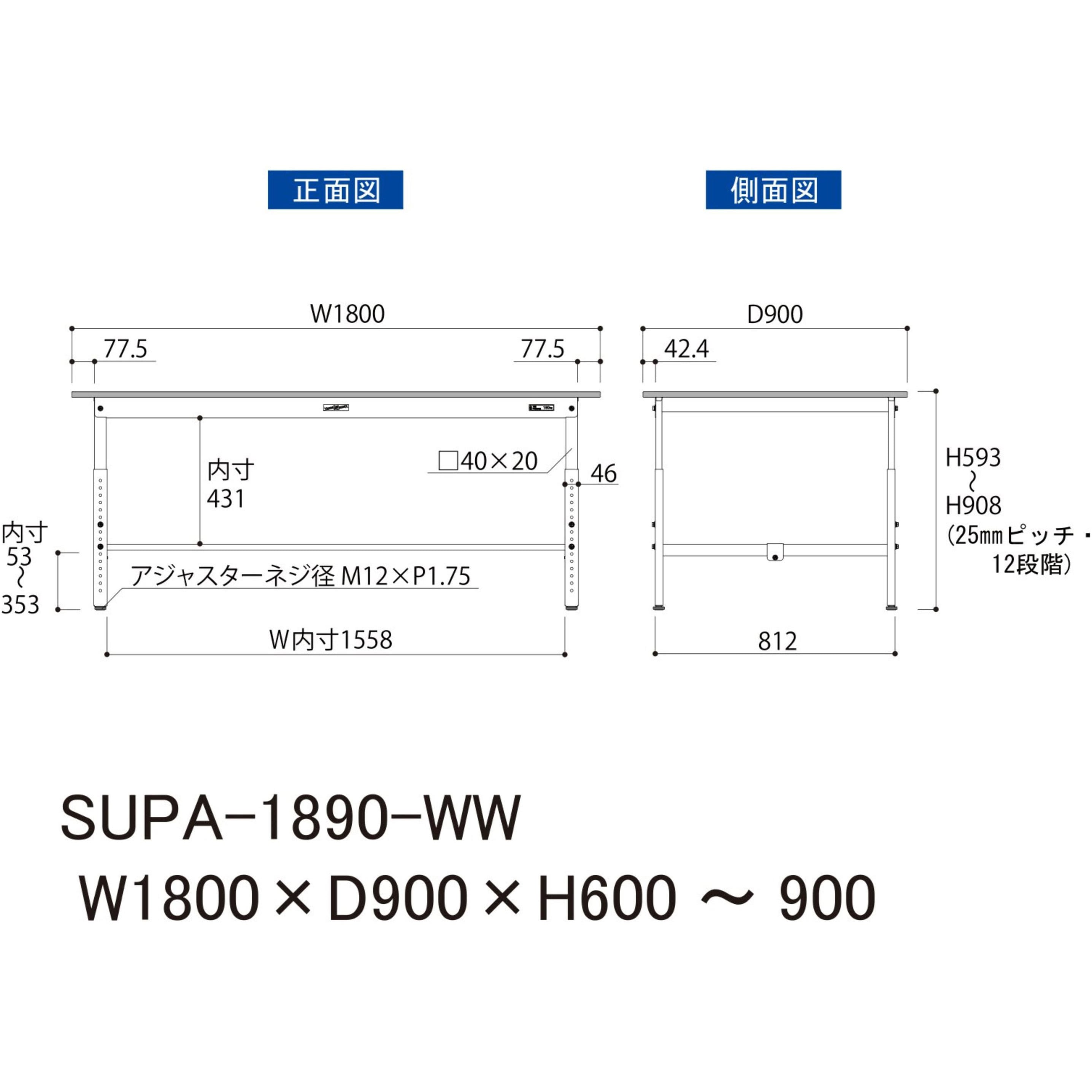 SUPA-1890-WW 軽量作業台/耐荷重150kg_高さ調整H600～900_ワークテーブル150シリーズ 山金工業 メラミン天板製天板  間口1800mm奥行900mm SUPA-1890-WW - 【通販モノタロウ】