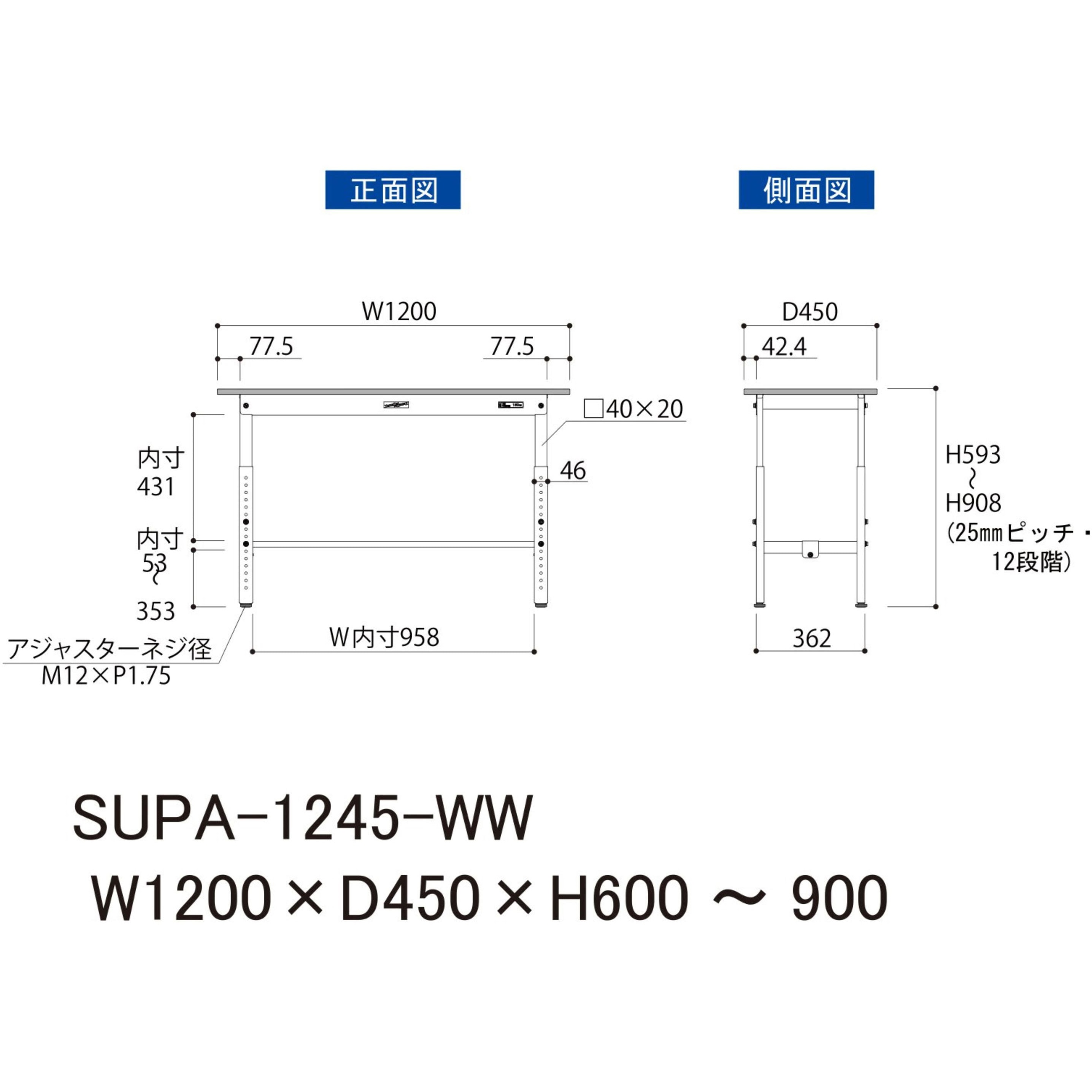 SUPA-1245-WW 軽量作業台/耐荷重150kg_高さ調整_ワークテーブル150