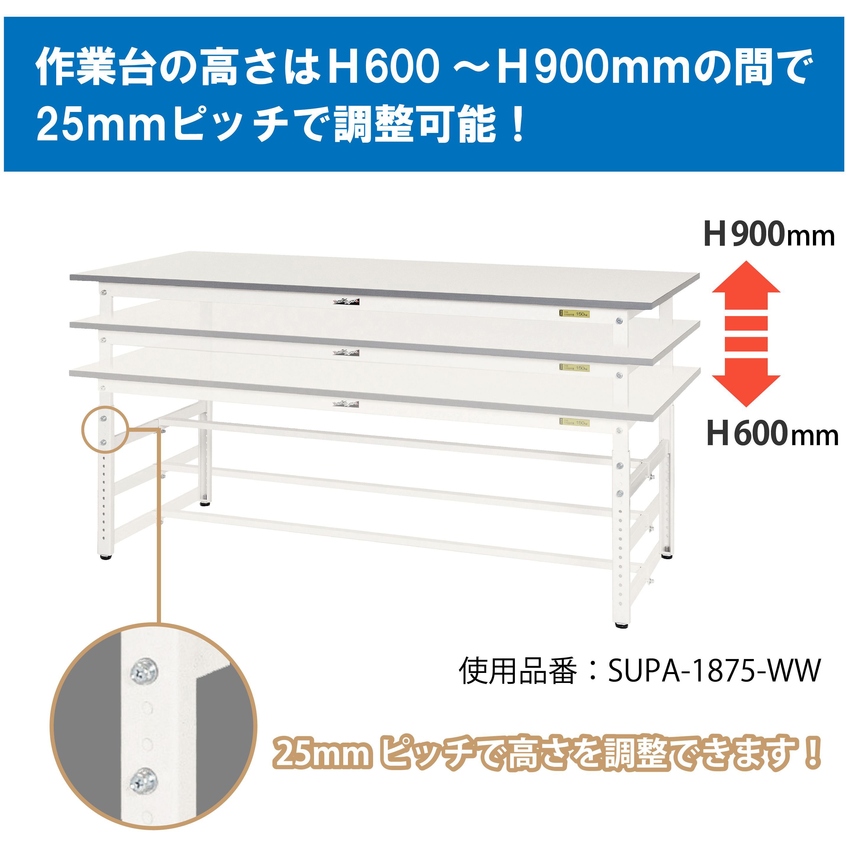 SUPA-1875T-WW 軽量作業台/耐荷重150kg_高さ調整_半面棚付_ワーク