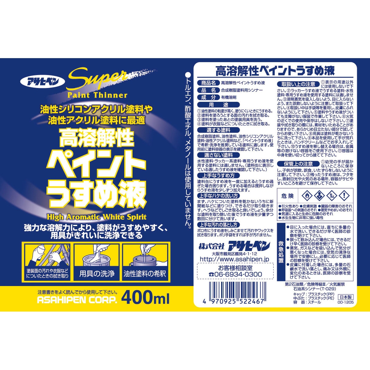 高溶解性ペイントうすめ液 1本(400mL) アサヒペン 【通販モノタロウ】