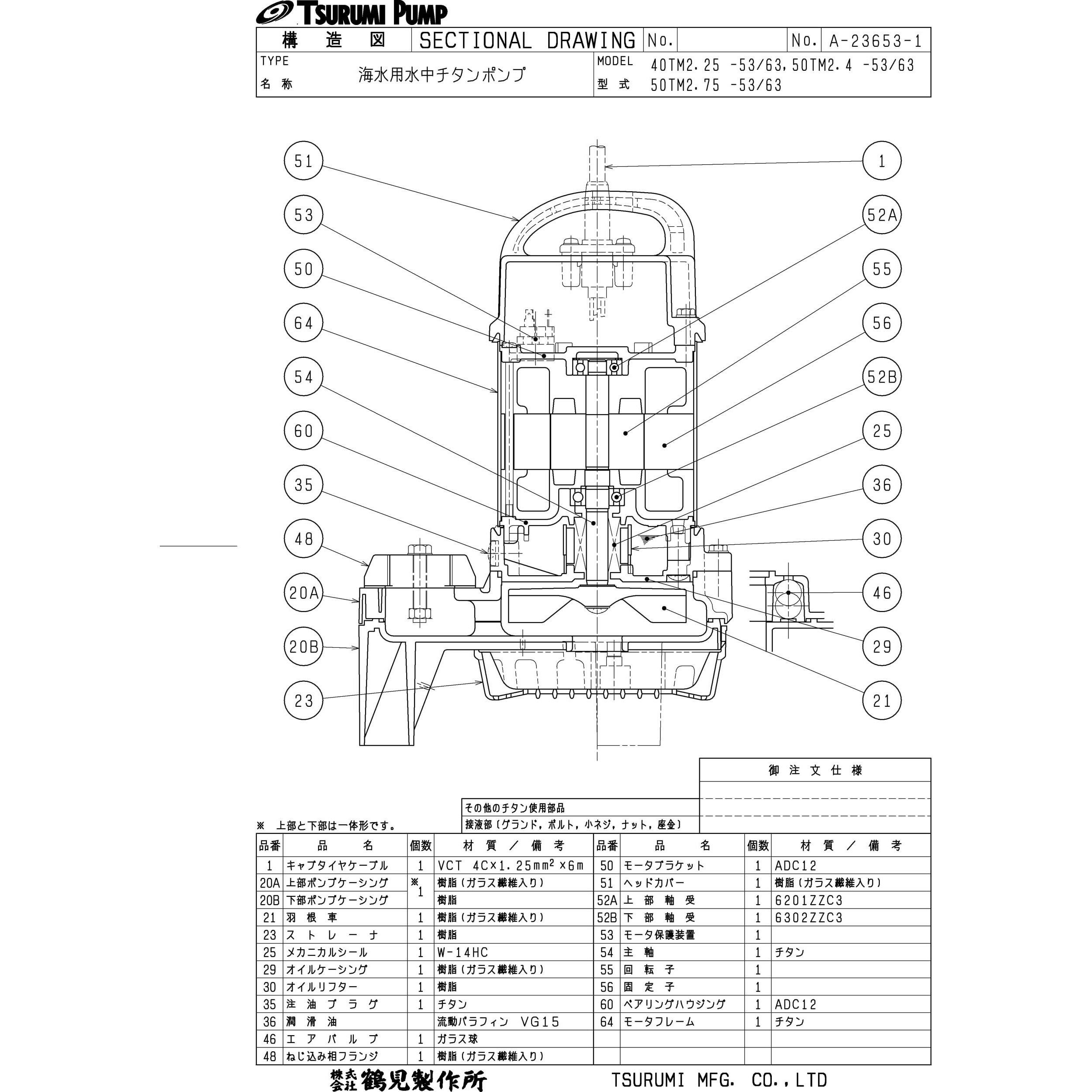 40TM2.25 海水用水中チタンポンプ (マリンメイト・バンクスシリーズ) TM型 鶴見製作所 三相200V 非自動形 吐出口径40mm -  【通販モノタロウ】