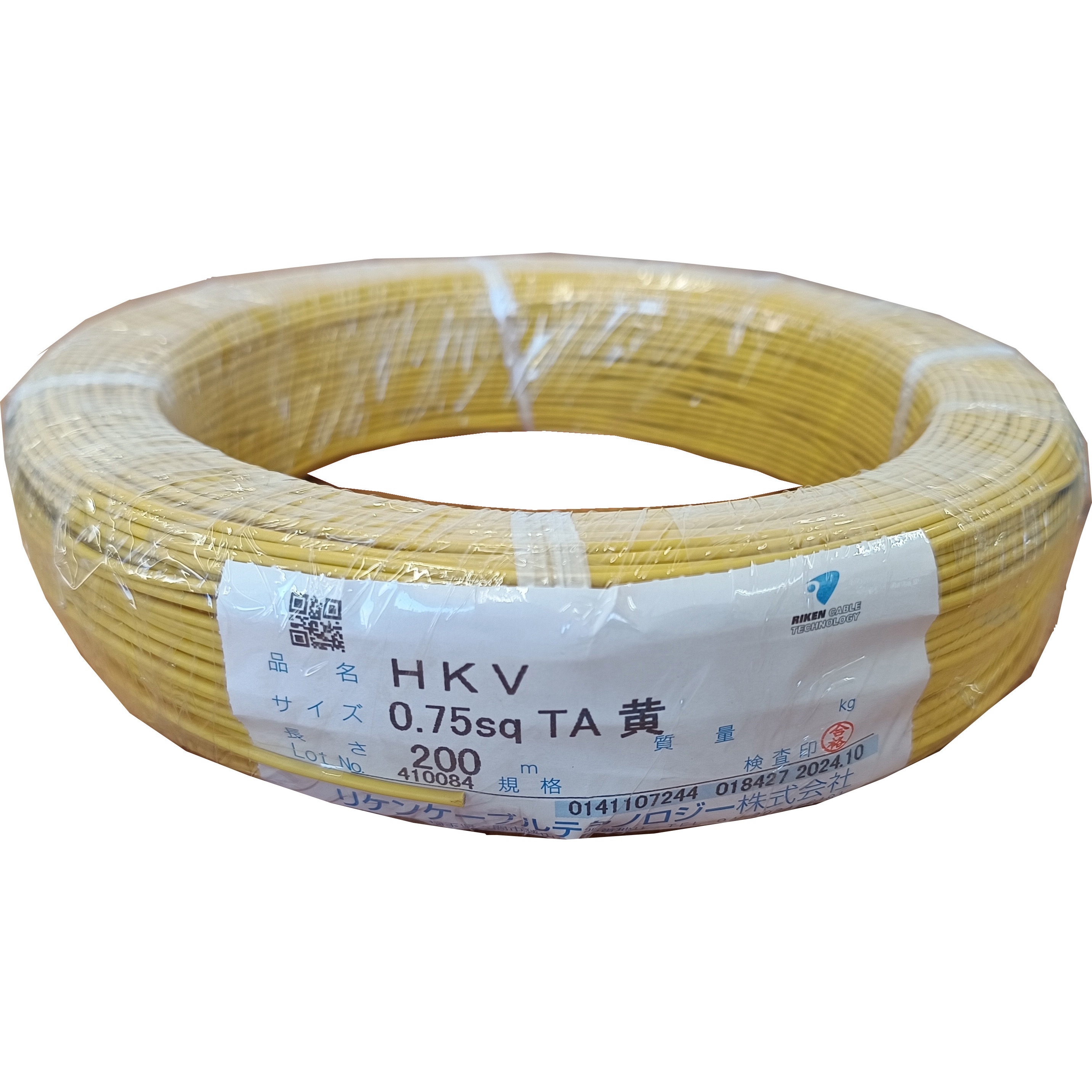 HKV 0.75SQ TA 黄 電子・通信機器用耐熱ビニル電線 リケンケーブルテクノロジー 黄色 長さ200m導体断面積0.75mm<sup>2</sup>
