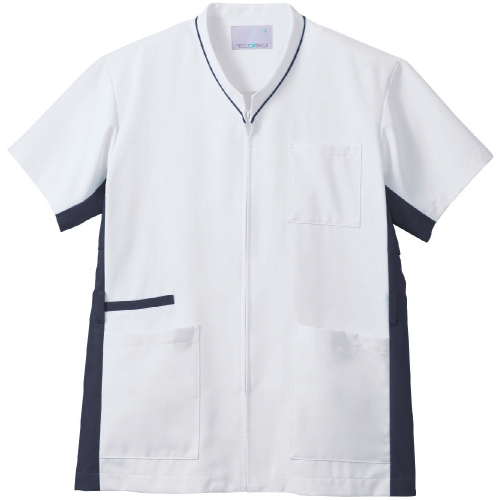 MS001-0183-LL スクラブ 兼用 半袖 住商モンブラン 白/Mネイビー色 サイズLL  MS001-0183-LL