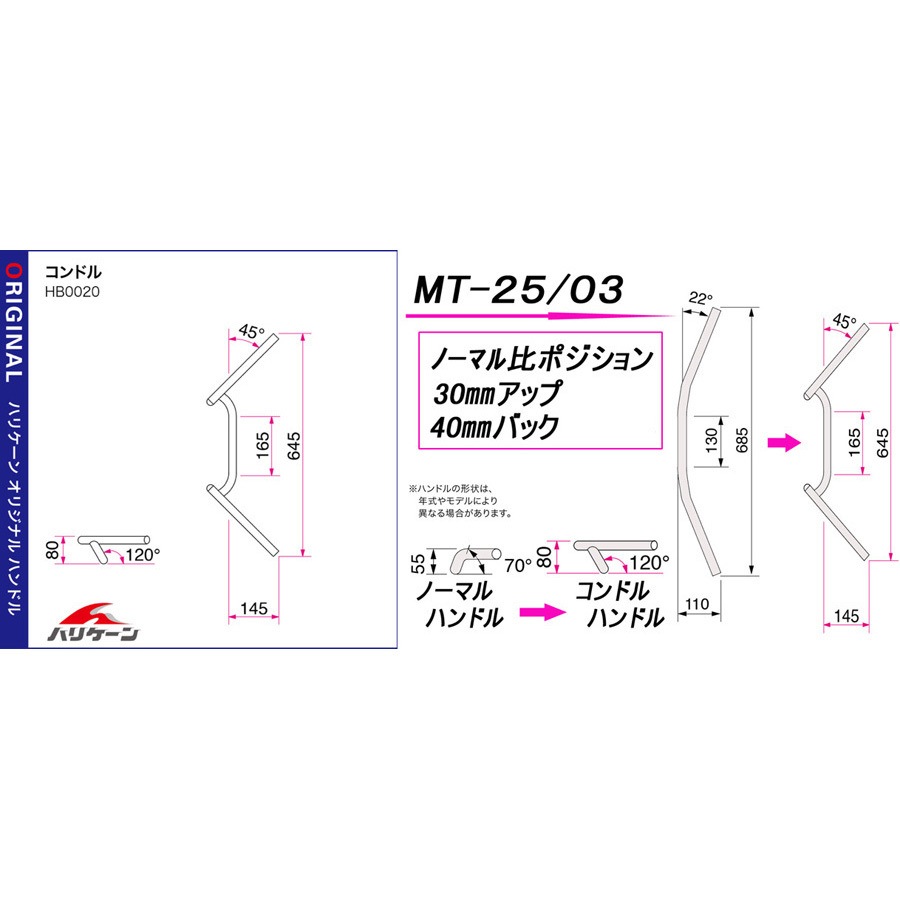 HBK691B コンドル ハンドルkit ハリケーン 適合車種MT-25 MT-03