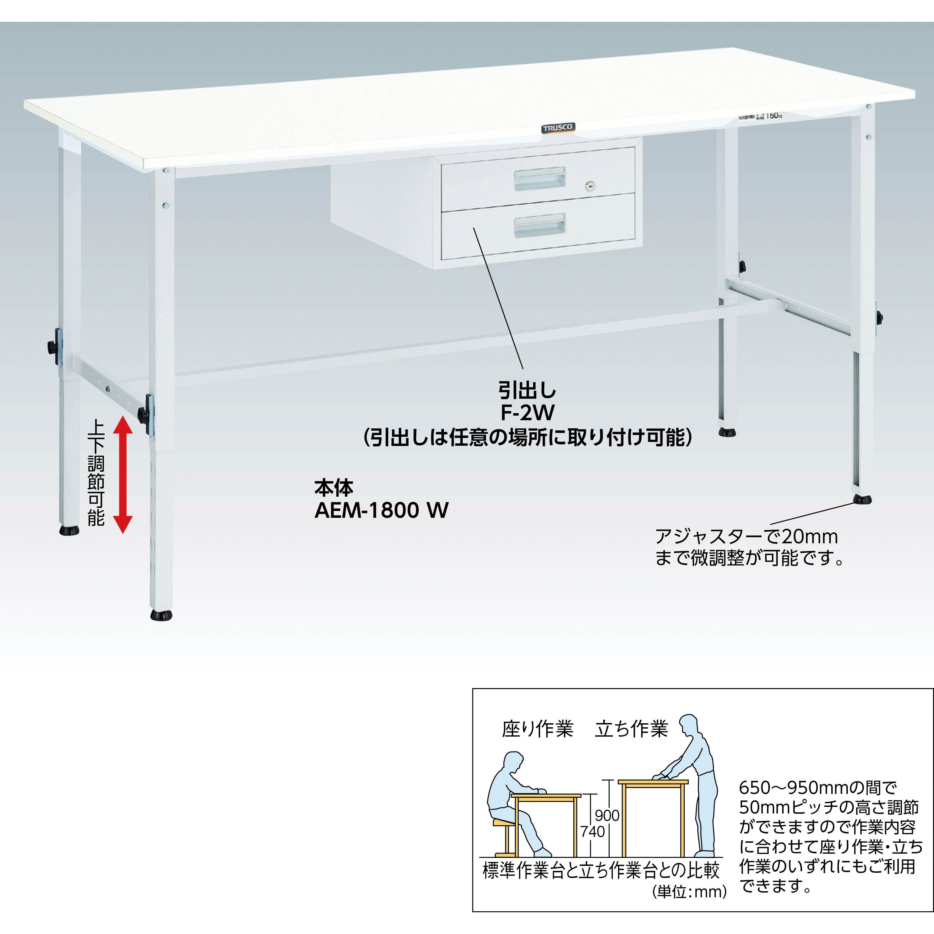 SAEM1860 軽量高さ調整作業台鉄天板1800×600 TRUSCO 荷重150kg