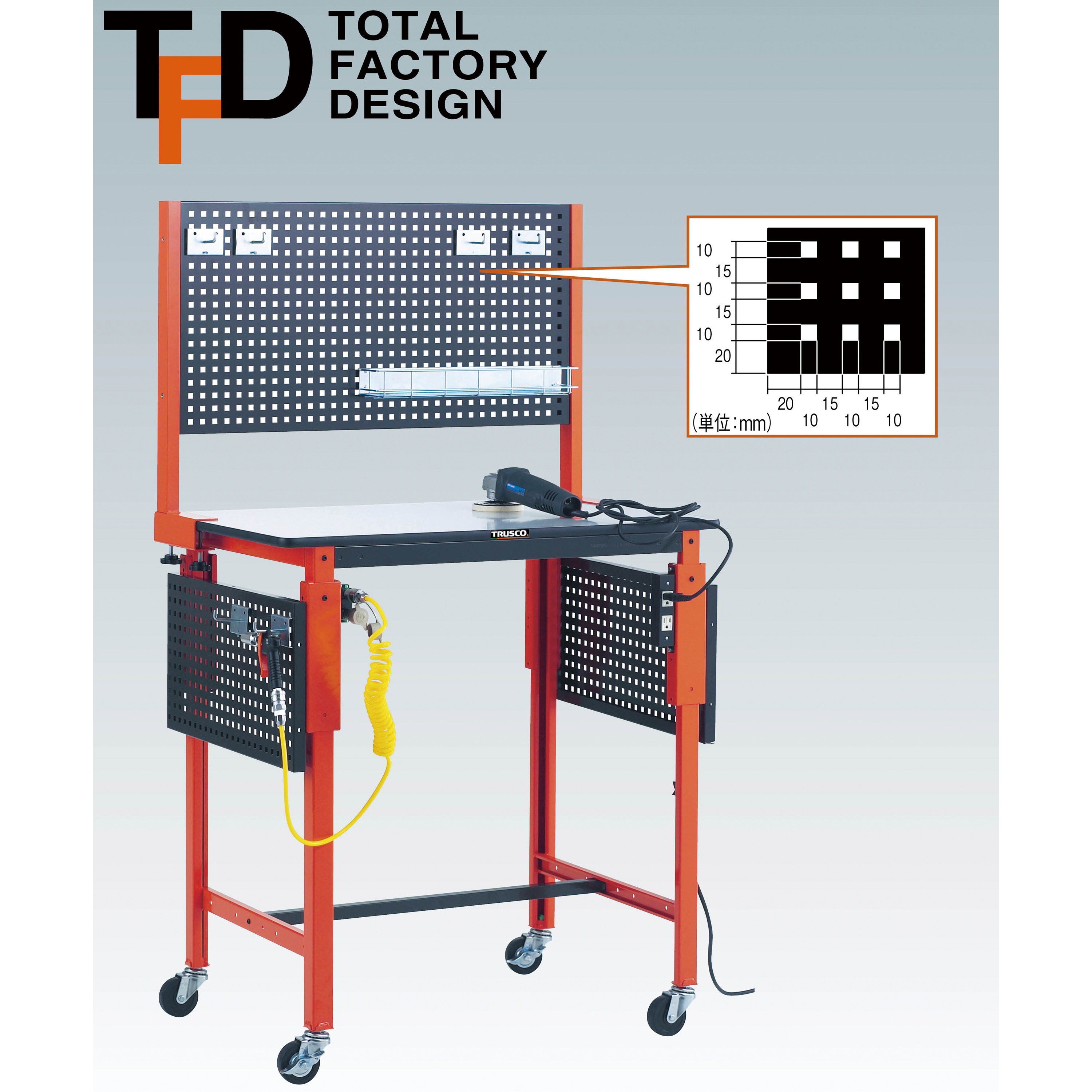 軽量作業台 TFAE型 (キャスター付) ポリ化粧製天板 荷重150kg ブラック/オレンジ色 間口1200mm奥行600mm高さ806mm