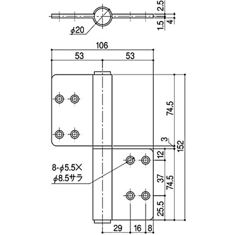 DH-608S 旗丁番 SYS(シブタニ) 左勝手 幅106mm長さ152mm DH-608S