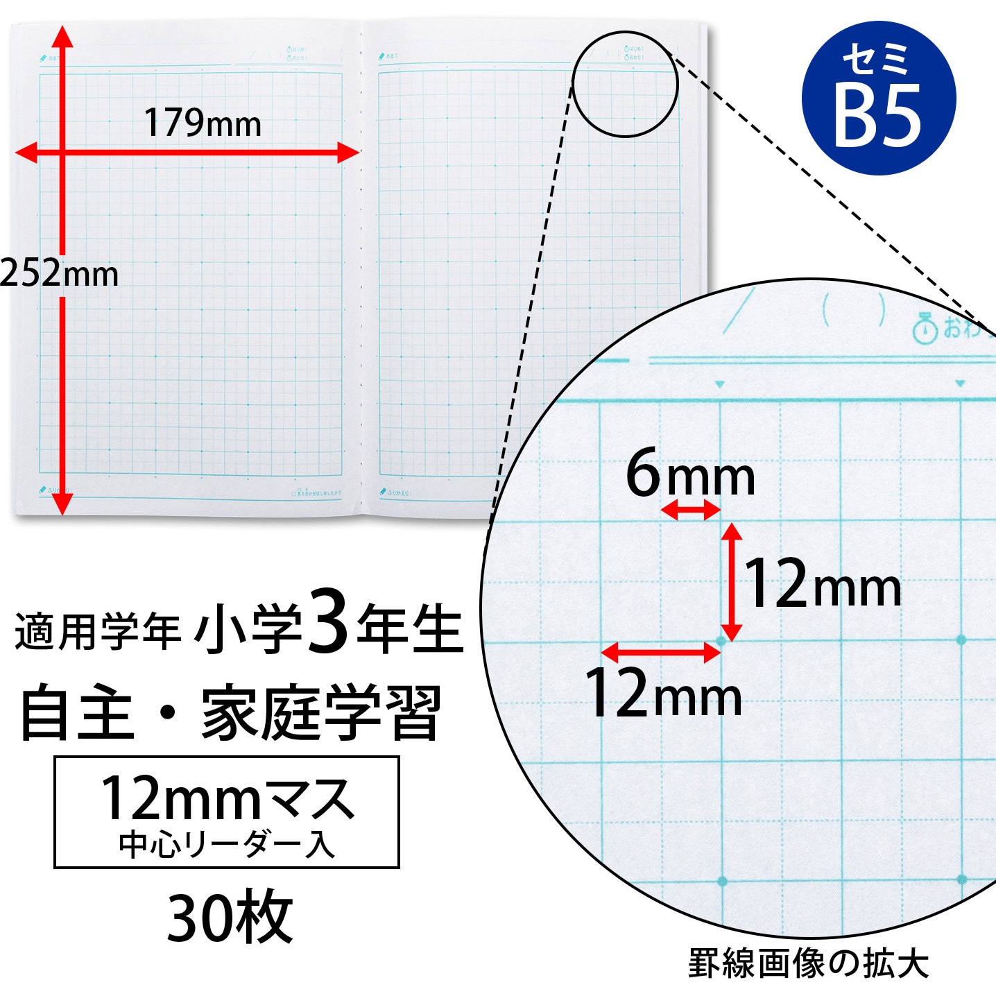 LGA12GR 家庭学習ノート 日本ノート 12mmマス 中心リーダー入罫