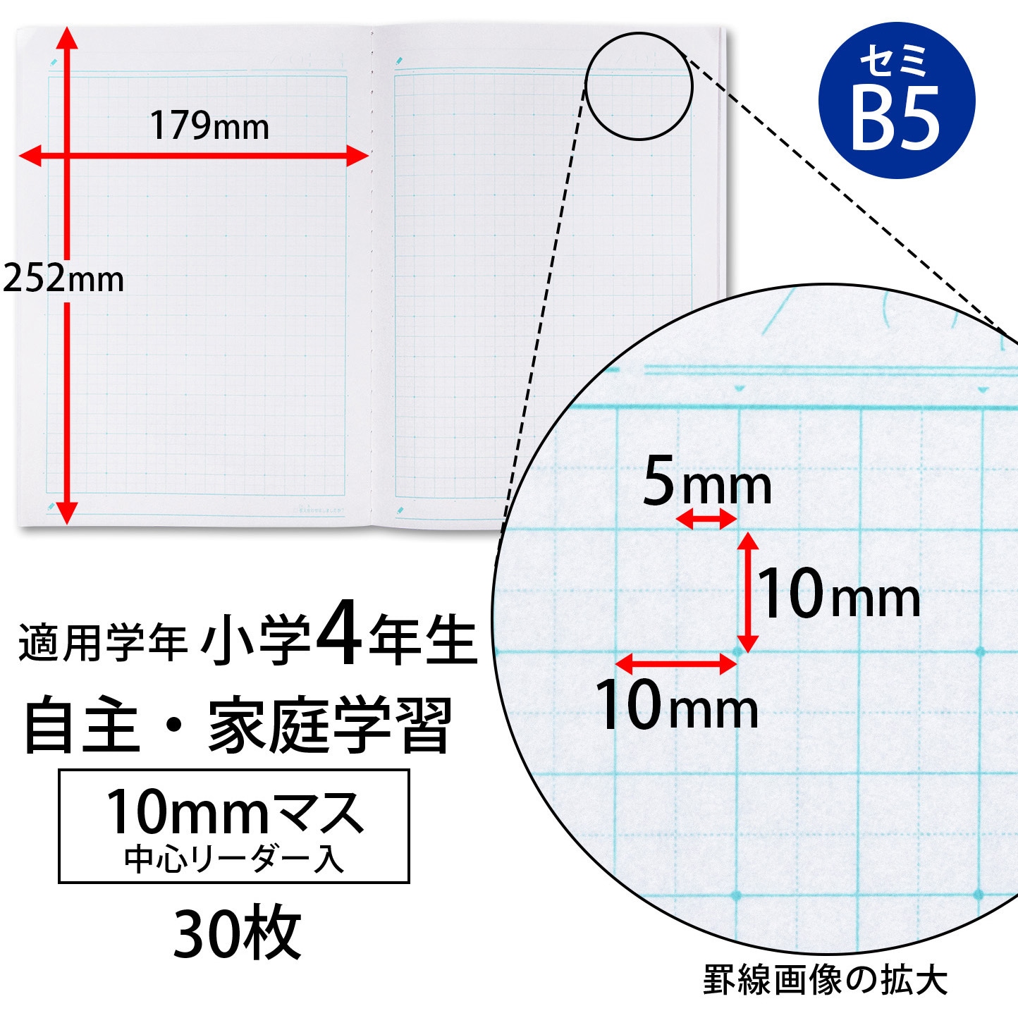 LGA10GR 家庭学習ノート 日本ノート 10mmマス 中心リーダー入罫 サイズ