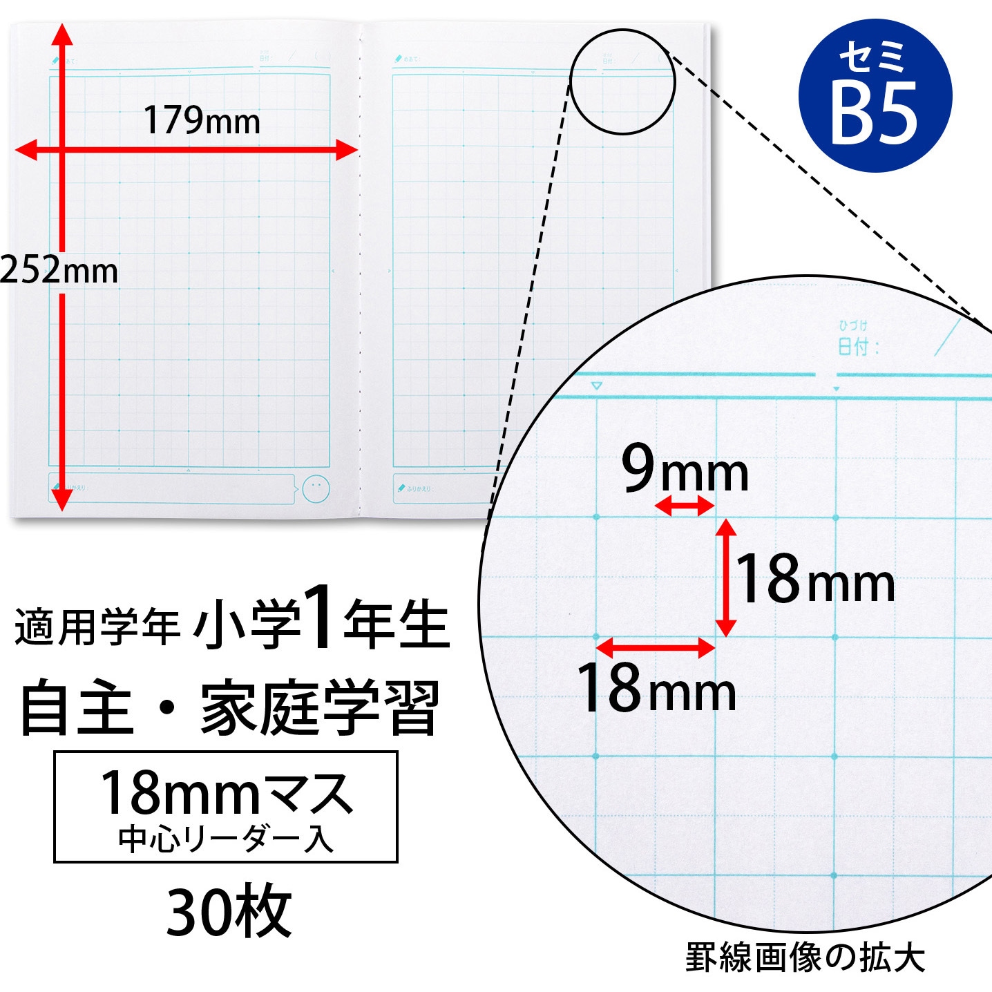 LGA18GR 家庭学習ノート 日本ノート 18mmマス 中心リーダー入罫 サイズ