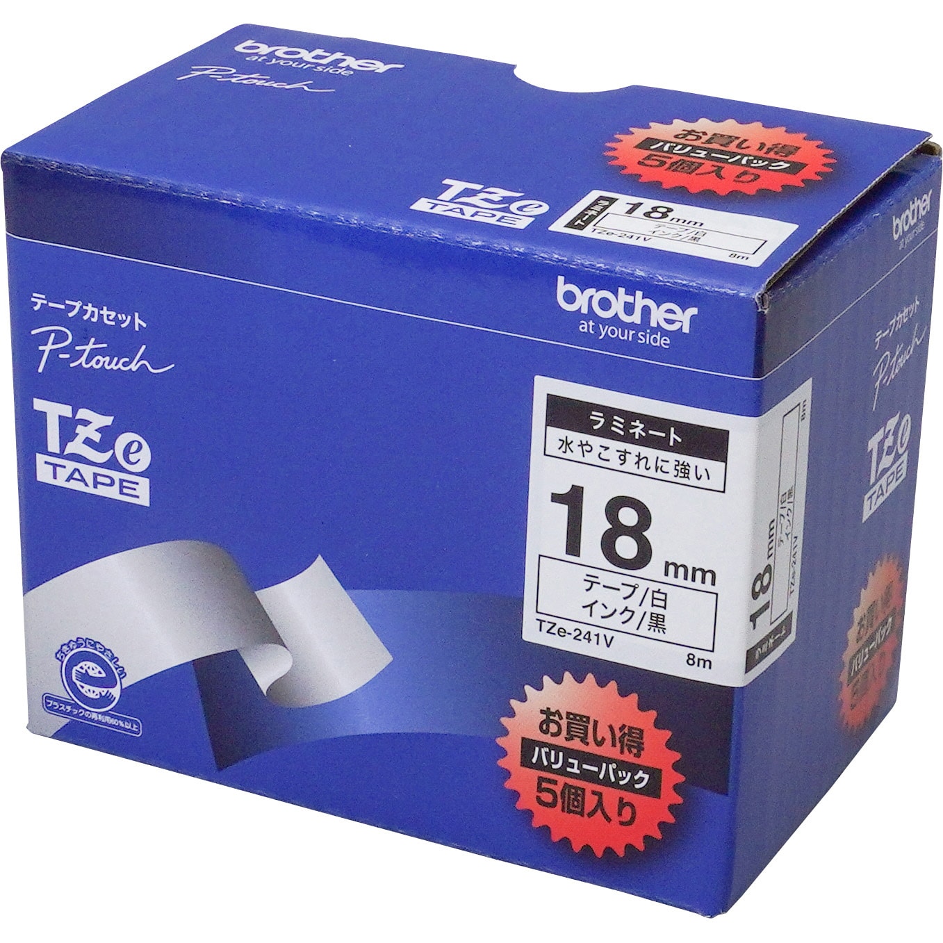 ブラザー工業 TZeテープ ラミネートテープ(透明地 黒字) 18mm TZe-141