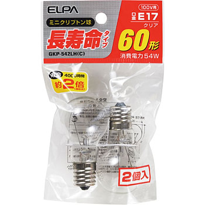 ミニクリプトン球　2コ入り2パック エルパ(ELPA) ミニクリプトン球 60W E17 クリア 2個入 GKP-L54H