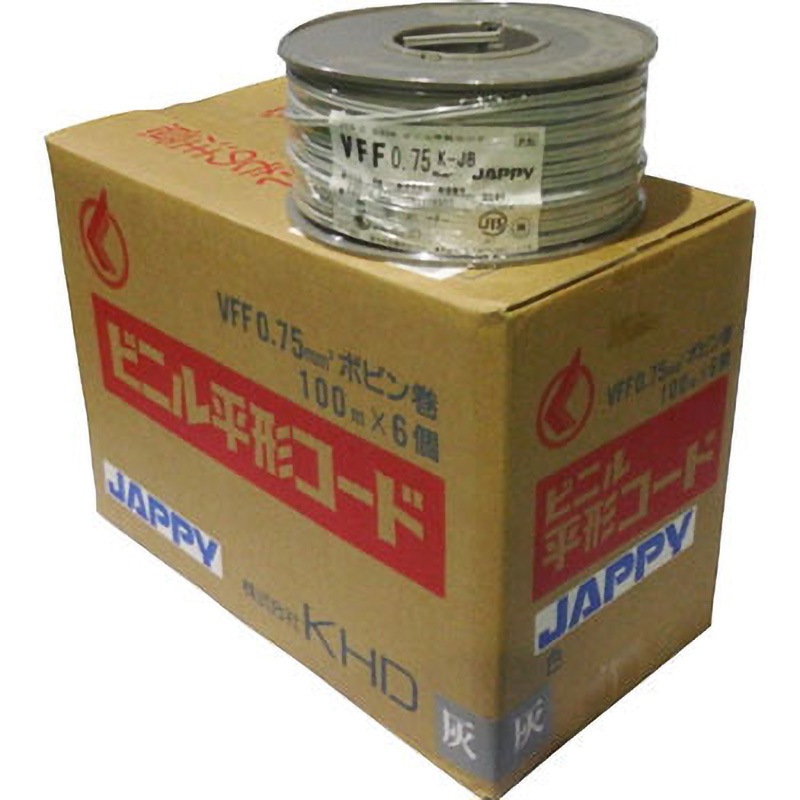 VFF 0.75SQ  灰 ボビンK JB ビニル平形コード (VFFケーブル) JAPPY 灰色 全長100m導体外径1.1mm 1巻 5,416円