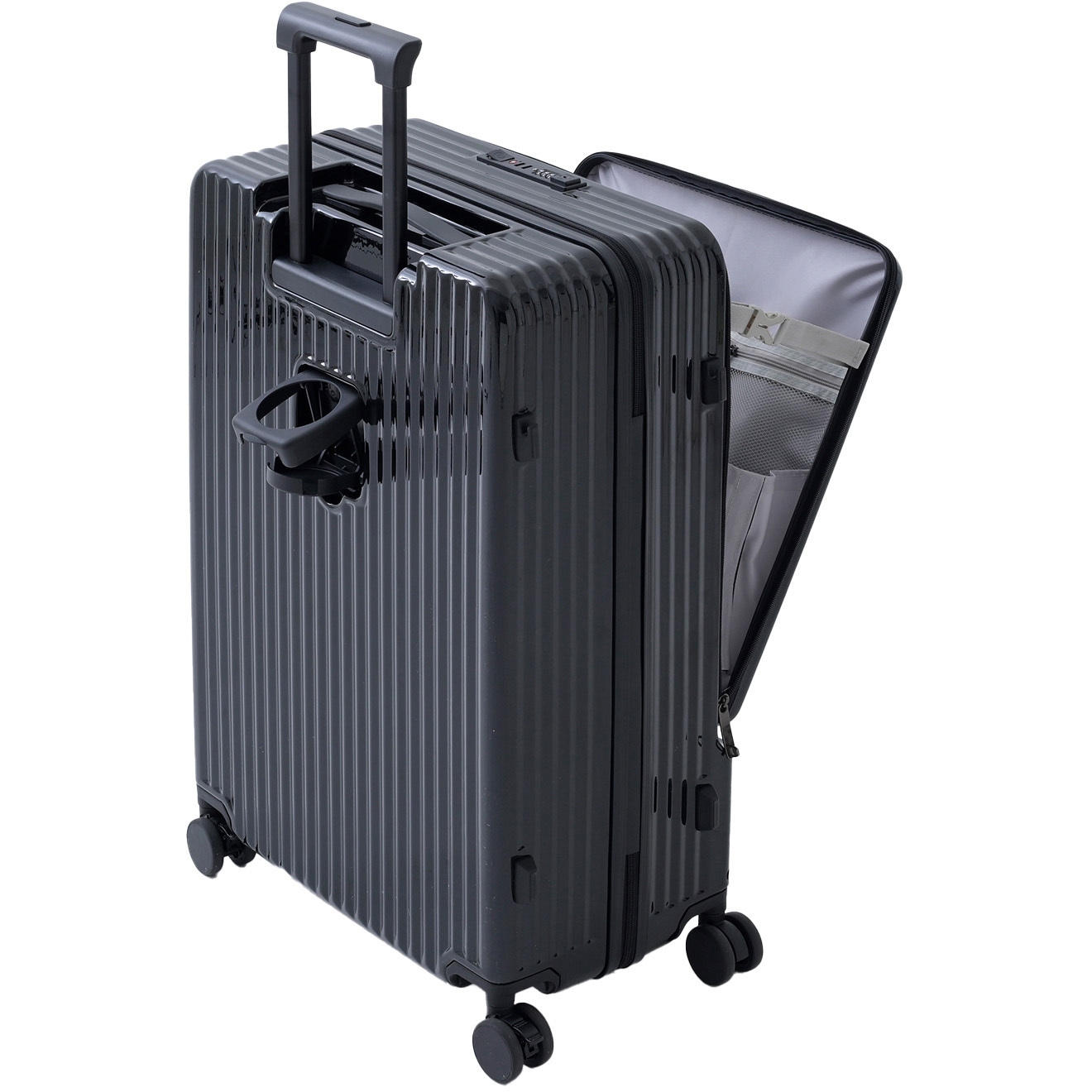 KK022ーL キャリーケース フロントオープン カップホルダー USB充電