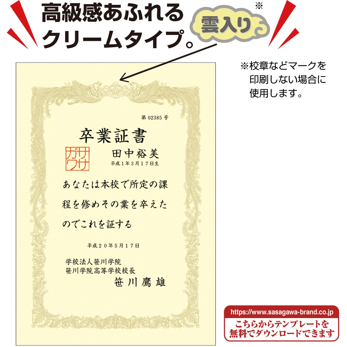 商店 ササガワ 賞状用紙 タカ印 OA対応 横書き用 クリーム B5 10枚 10-1058 ccps.sn