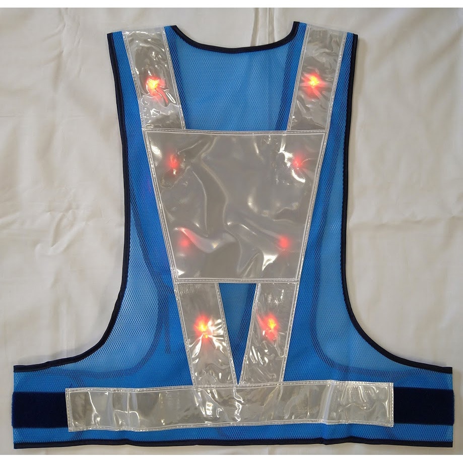 LED-LBW(T) 赤LEDベスト台形シート付 エース神戸 (背面)逆A型タイプ テープ地色:白 色(本体)青 フリーサイズ