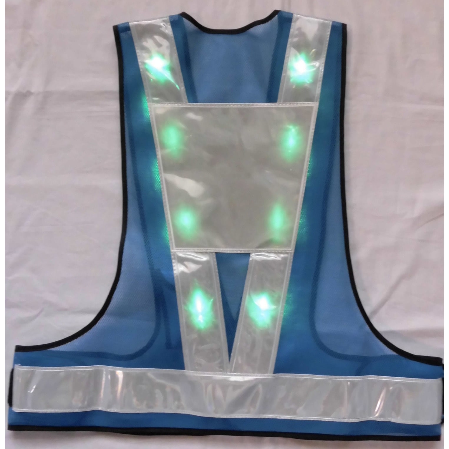 LED-LBW-G(T) 緑LEDベスト台形シート付 エース神戸 テープ地色:白 (背面)逆A型タイプ 色(本体)青 フリーサイズ