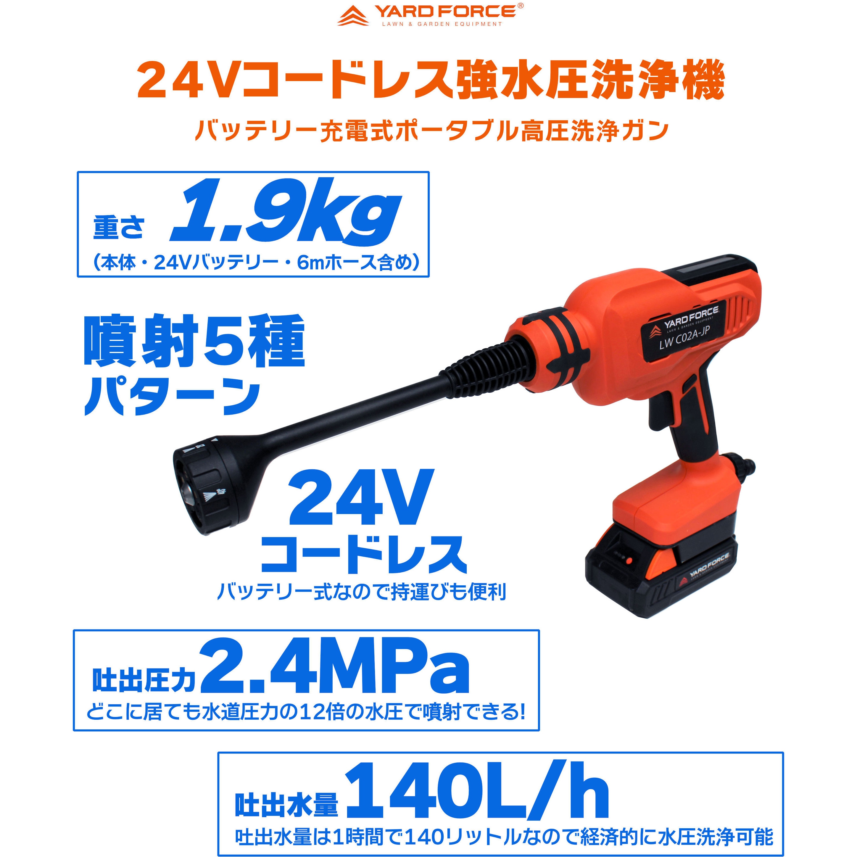 LW C02A-JP 24Vコードレス 強水圧洗浄機 (ポータブル ミニ高圧洗浄機