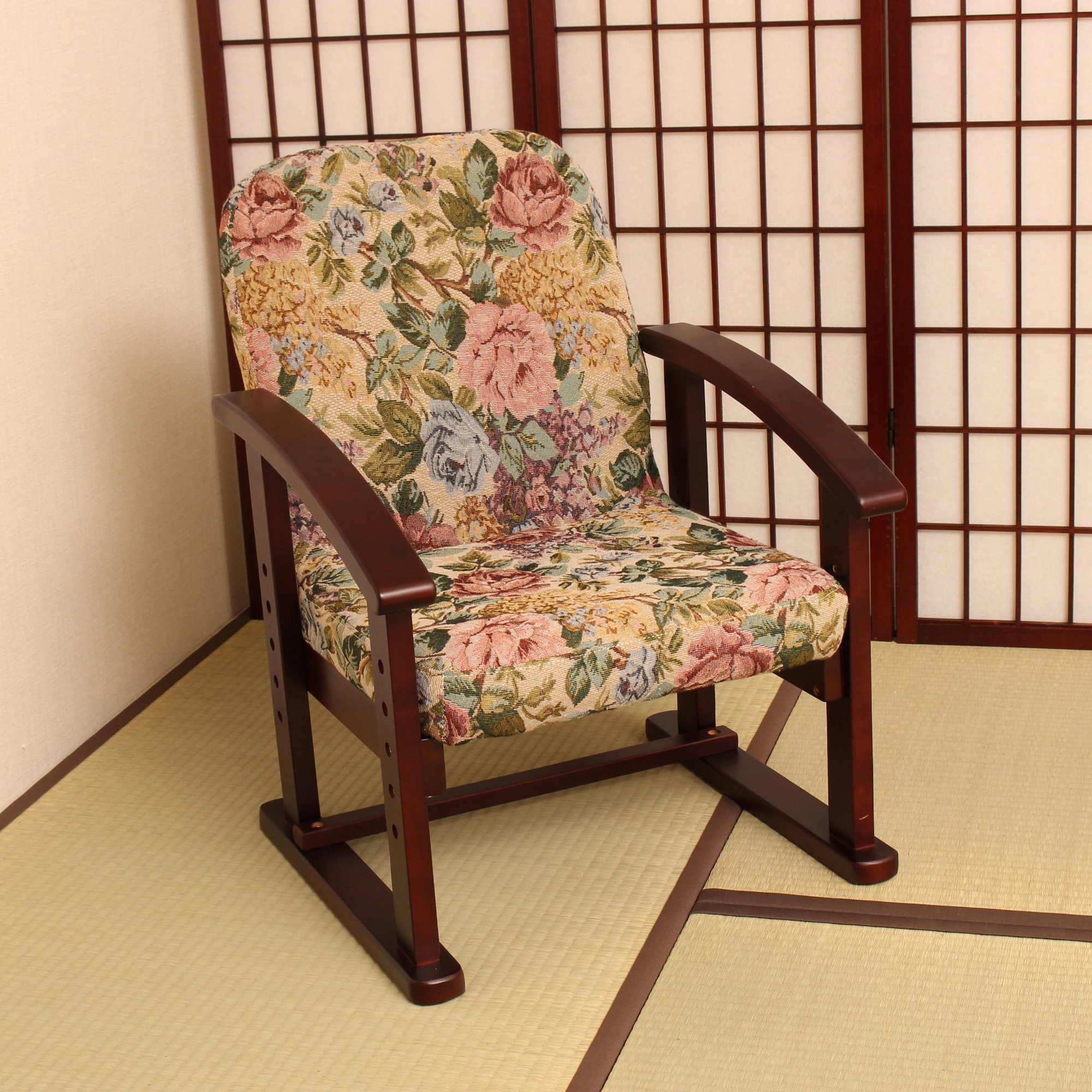 花柄 木製座椅子 和室用 折り畳み椅子 天然木 座椅子 和風 花柄