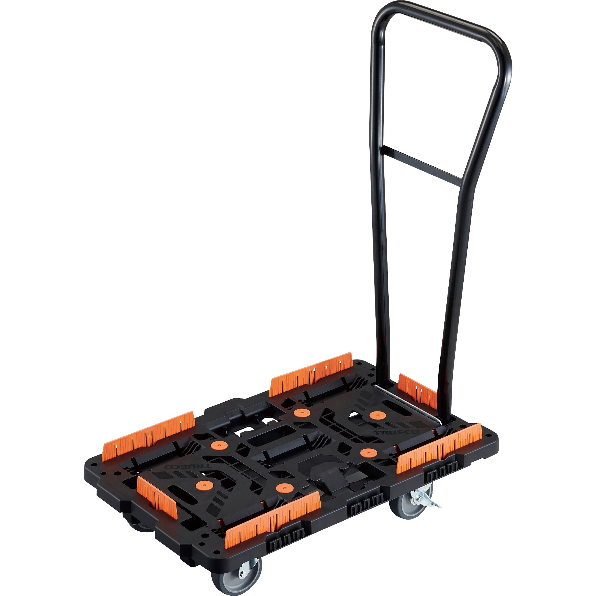 BT700KJ5S2H-E100 連結式樹脂製平台車 ビートル 700X450 自在5輪 内2輪ストッパー付 脱着式ハンドル付 柵付 TRUSCO 樹脂(PP)再生材100%製 ブラック色 ブレーキあり