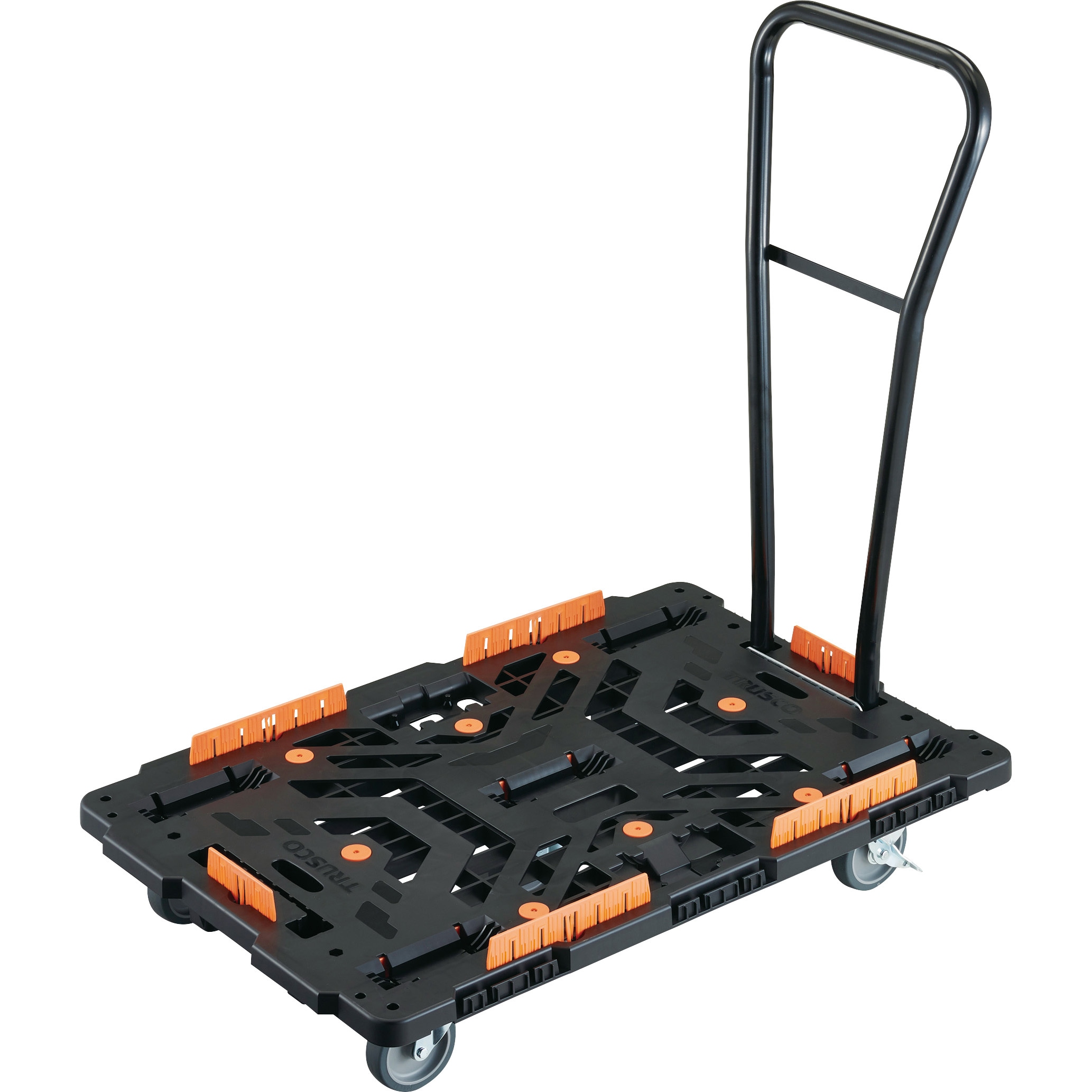 BT900KJ5S2H-E100 連結式樹脂製平台車 ビートル 900X600 自在5輪 内2輪ストッパー付 脱着式ハンドル付 柵付 TRUSCO 樹脂(PP)再生材100%製 ブラック色 ブレーキあり