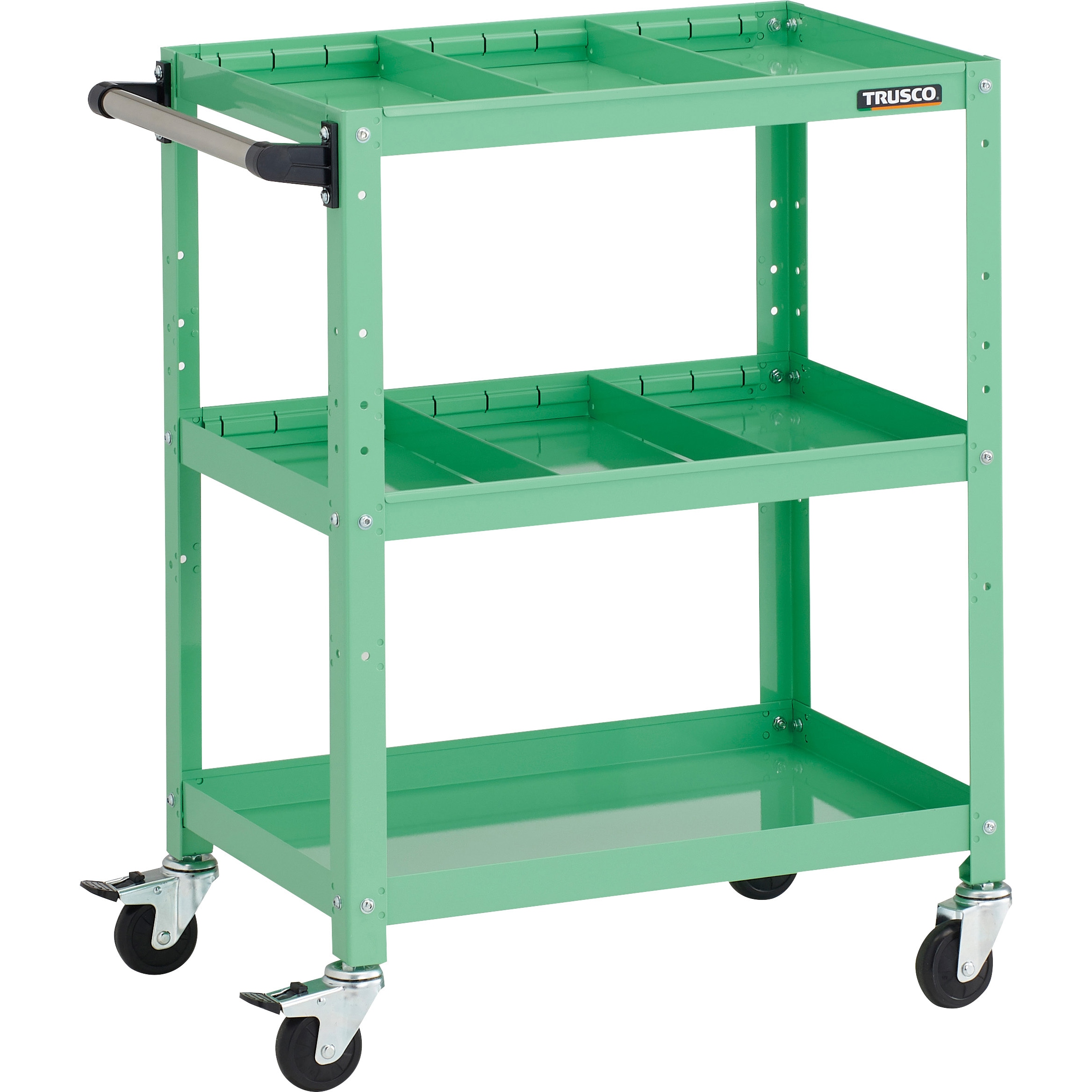 RBW-863S2H YG ツールワゴン ラビットワゴン 600X400XH810 3段 仕切板2段付 ハンドル付 ゴム車輪 TRUSCO ヤンググリーン色   RBW-863S2H YG
