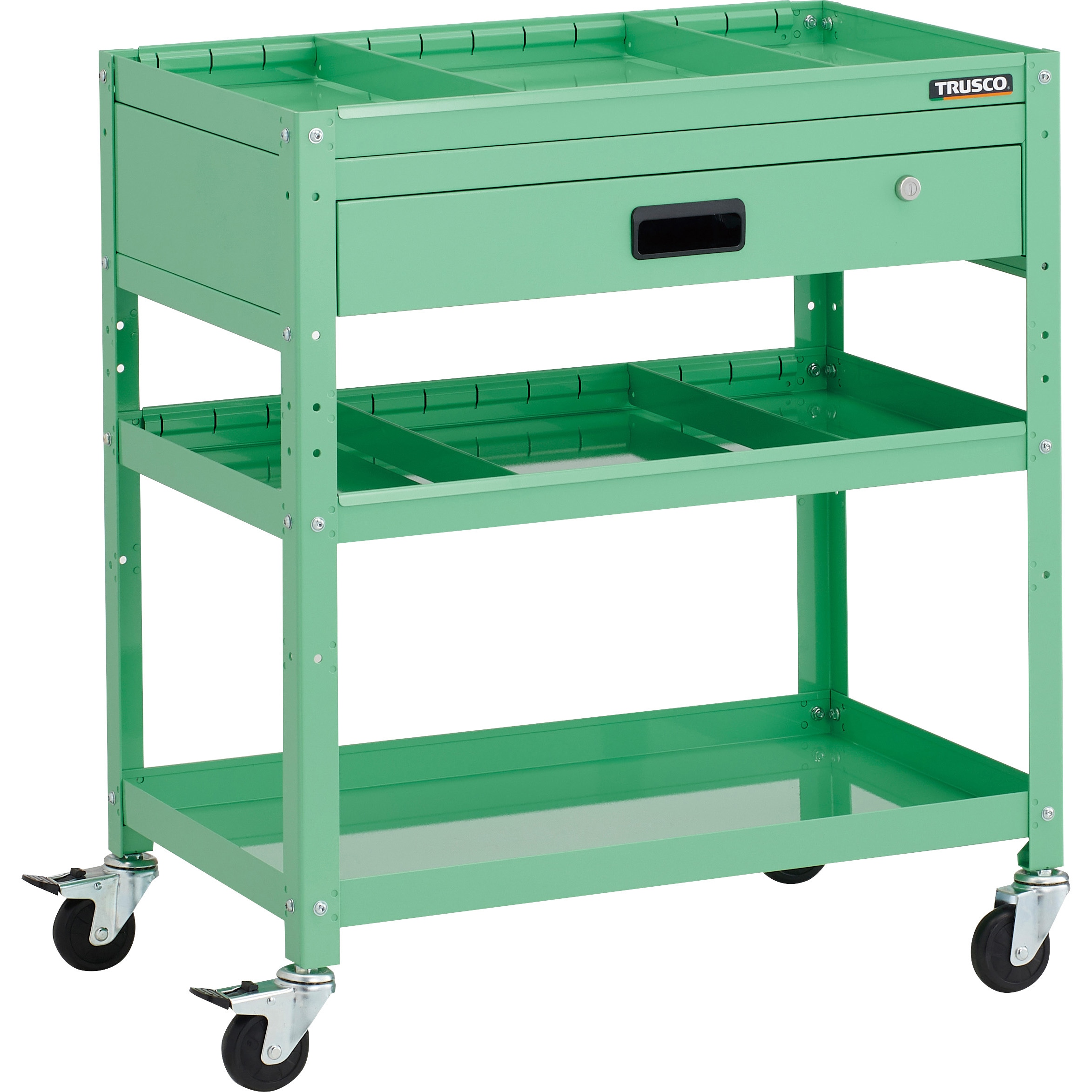 RBW-873S2VH YG ツールワゴン ラビットワゴン 700X450XH810 3段 1段引出付 仕切板2段付 ハンドル付 ゴム車輪 TRUSCO ヤンググリーン色   RBW-873S2VH YG