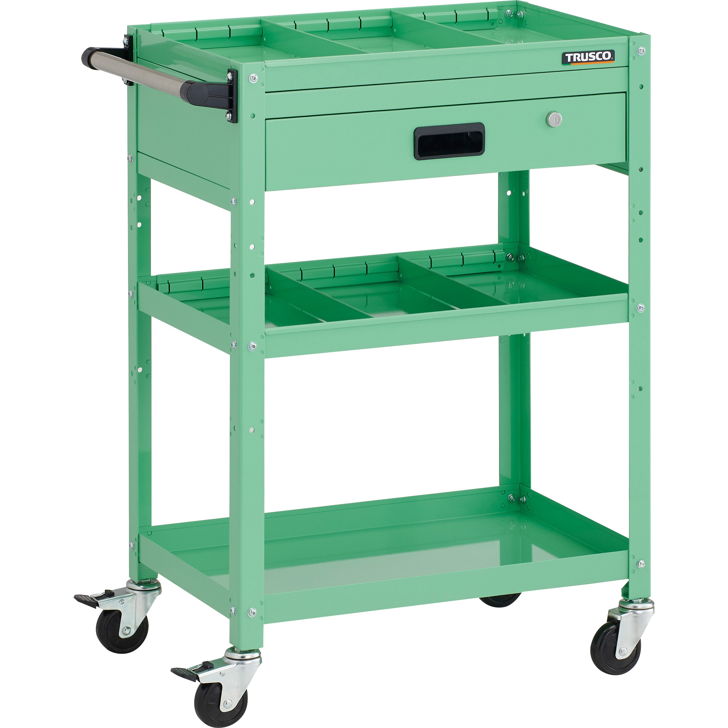 RBW-963S2VH YG ツールワゴン ラビットワゴン 600X400XH880 3段 1段引出付 仕切板2段付 ハンドル付 ゴム車輪 TRUSCO ヤンググリーン色   RBW-963S2VH YG 34,437円
