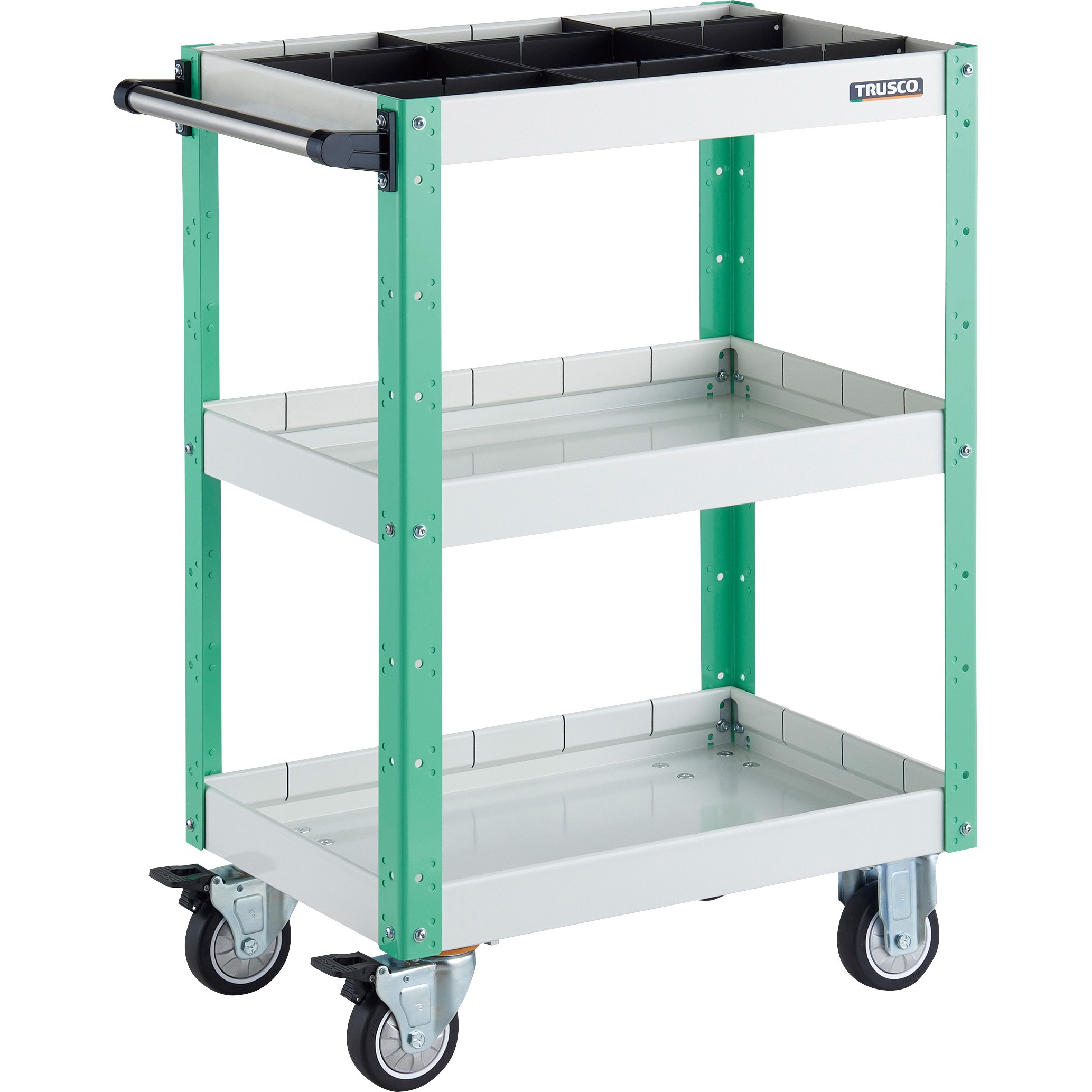 EGW-963F3S1U-WYG ツールワゴン イーグルワゴン 600X400XH880 深型3段 1段仕切板付 ウレタン車輪 TRUSCO ホワイト/ヤンググリーン色   EGW-963F3S1U-WYG