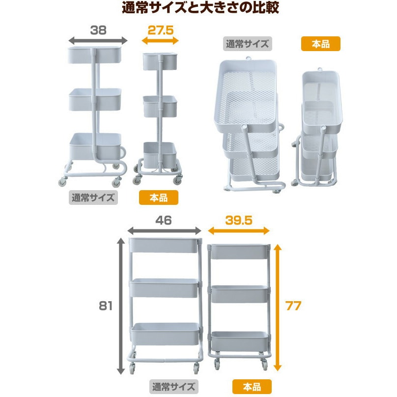 LSBT-3(WH) おしゃれ収納ワゴン バスケットトローリー キャスター付き YAMAZEN(山善) 3段 ホワイト色  本体幅275mm奥行395mm高さ770mm - 【通販モノタロウ】