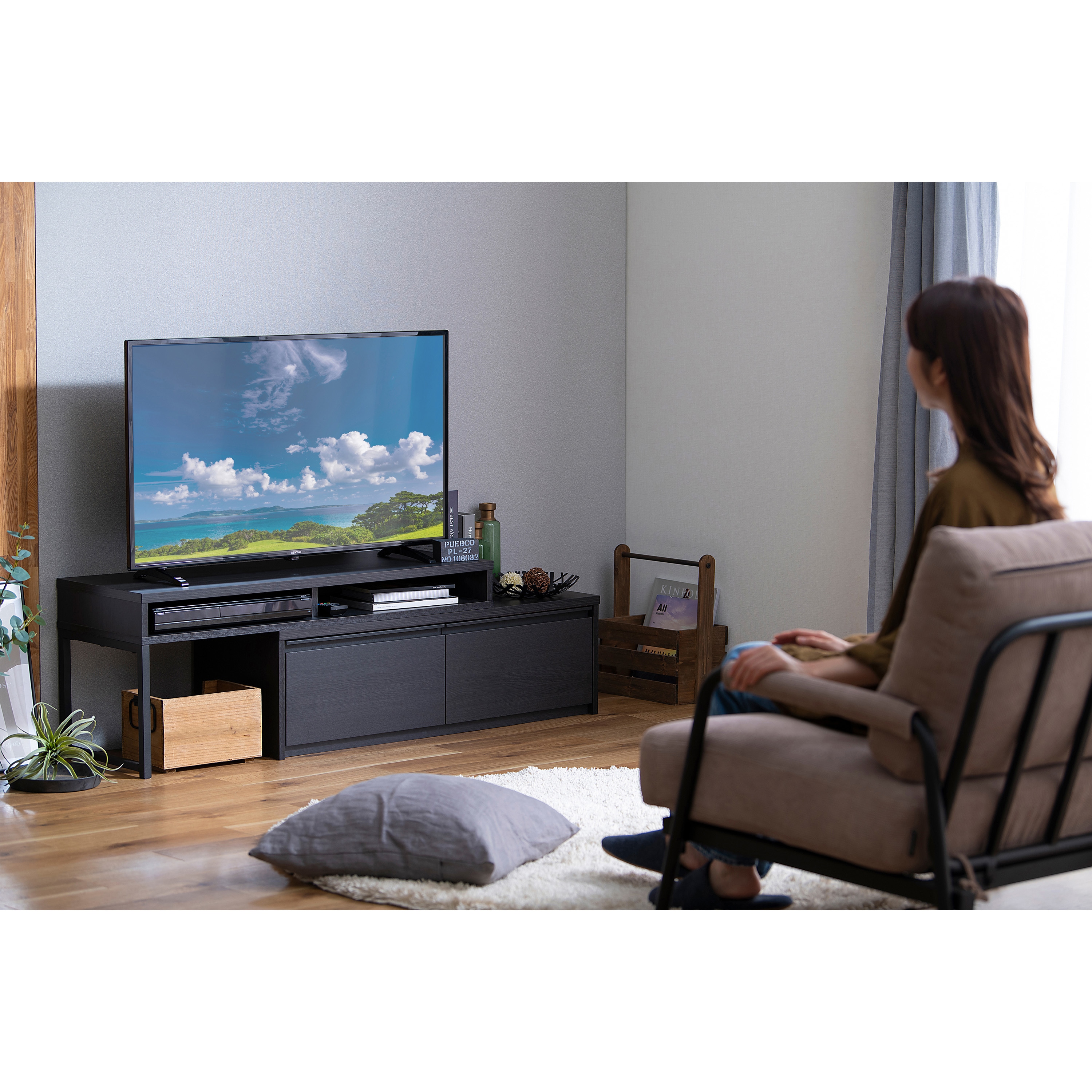 テレビ台　伸縮　ブラック テレビ台 ハイタイプ 伸縮 収納 デスク OFF 100 TVB DESK｜家具の通販
