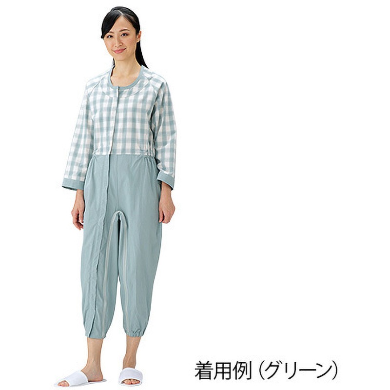 制菌前開き介護用ねまき (ロック機能付) アズワン 男女兼用 素材:綿70%・ポリエステル30% グリーン色 サイズS