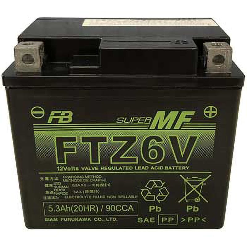FTZ6V 12V高始動形VRLA(制御弁式)バッテリー(電解液注入済タイプ) 1個 古河電池 【通販モノタロウ】