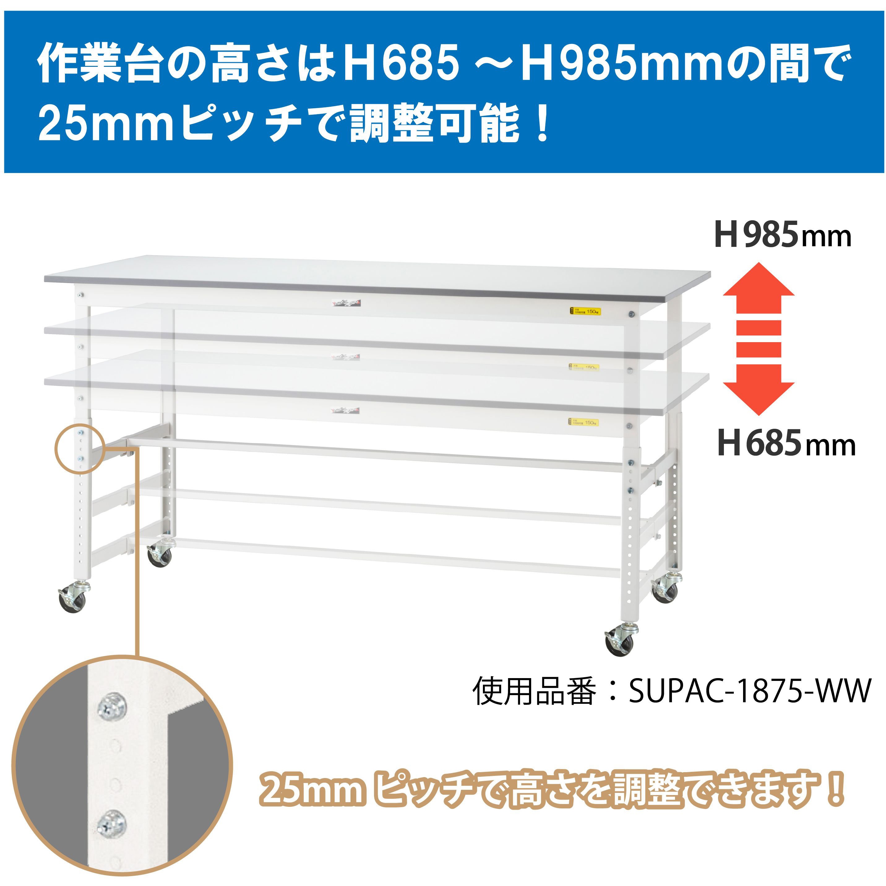 SUPAC-775-WW 軽量作業台/耐荷重128kg_高さ調整移動式H685～985_ワーク