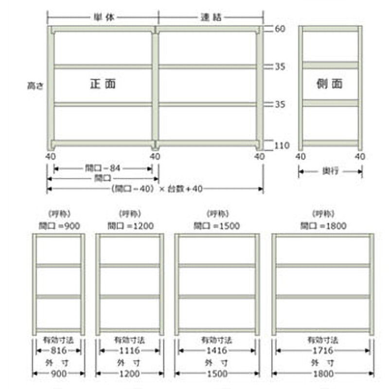W90×D30×H120-4 軽中量棚200kg 単体 キタジマ アイボリー色 スチール 4