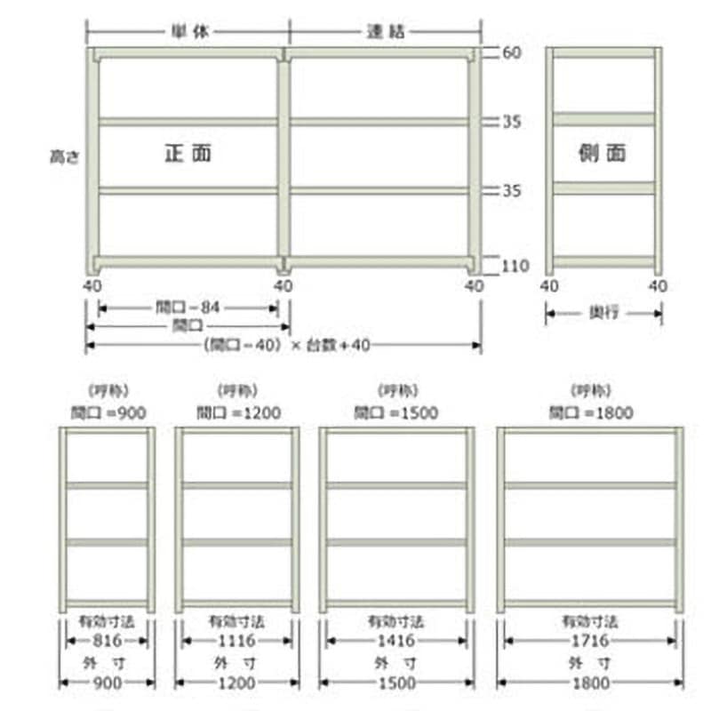 W90×D45×H90-3 軽中量棚200kg 単体 キタジマ アイボリー色