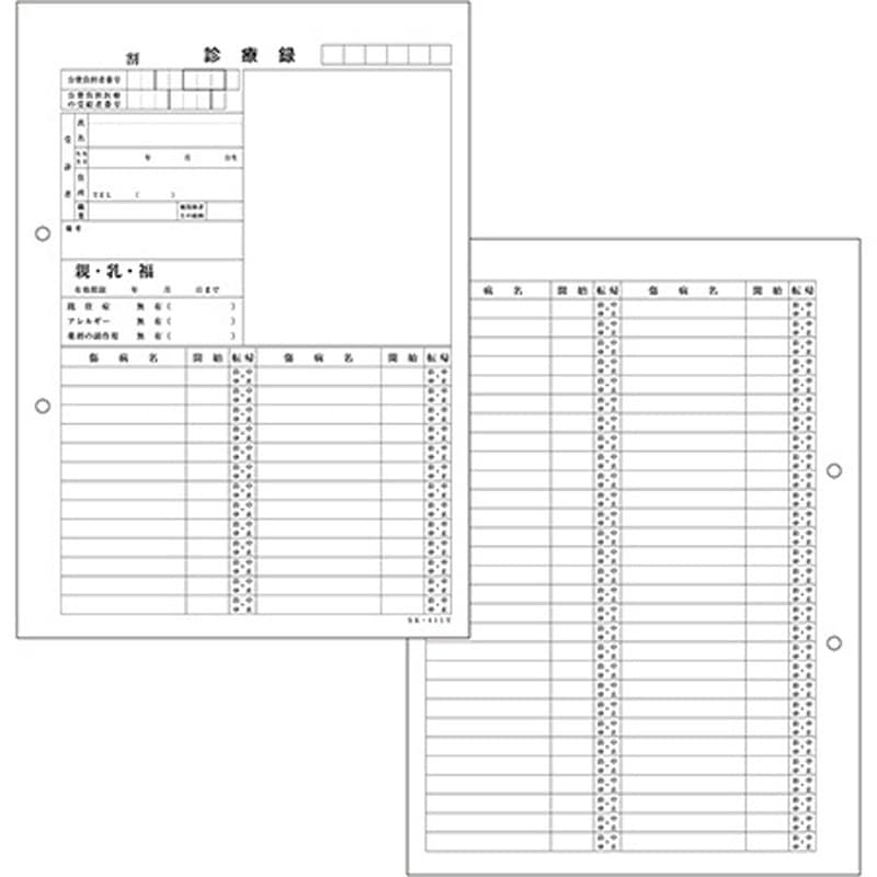 41912-002 カルテ用紙 1号(診療録) 保険証添付欄あり・2穴あきタイプ