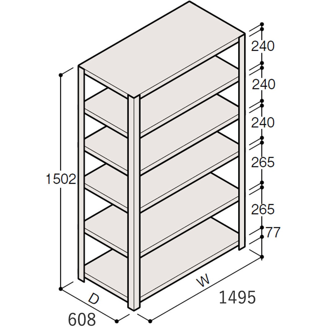 ERR-155650-W7 軽量棚ERR開放型H1500 有効棚 5段＜配送時組立サービス付＞ イトーキ 外形寸法1495×608×1502mm  ERR-155650-W7