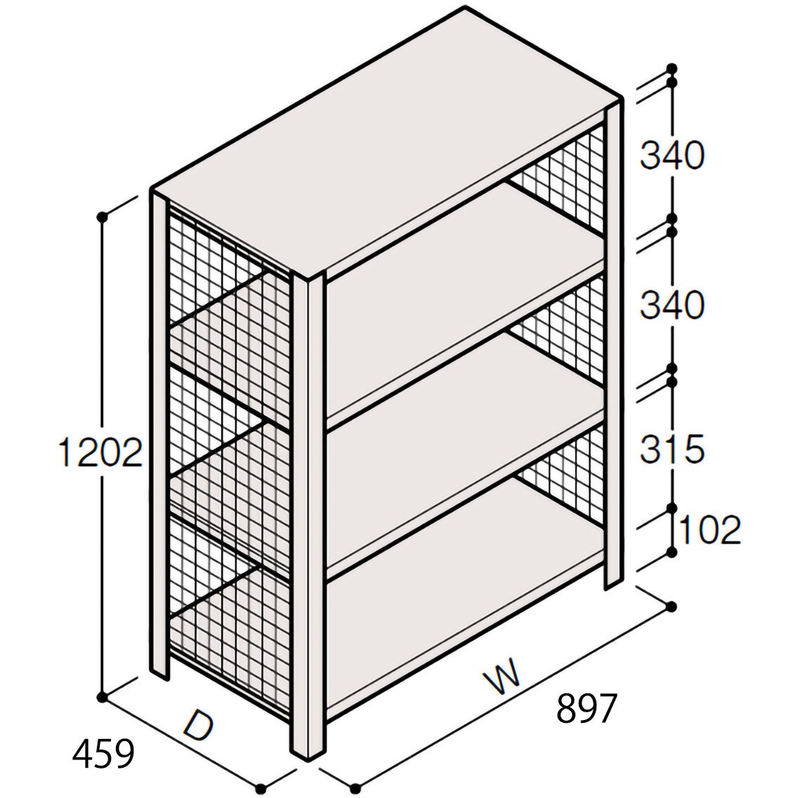 ERR-343430-W7 軽量棚ERR金網型H1200 有効棚 3段＜配送時組立サービス付＞ イトーキ 外形寸法897×459×1202mm  ERR-343430-W7