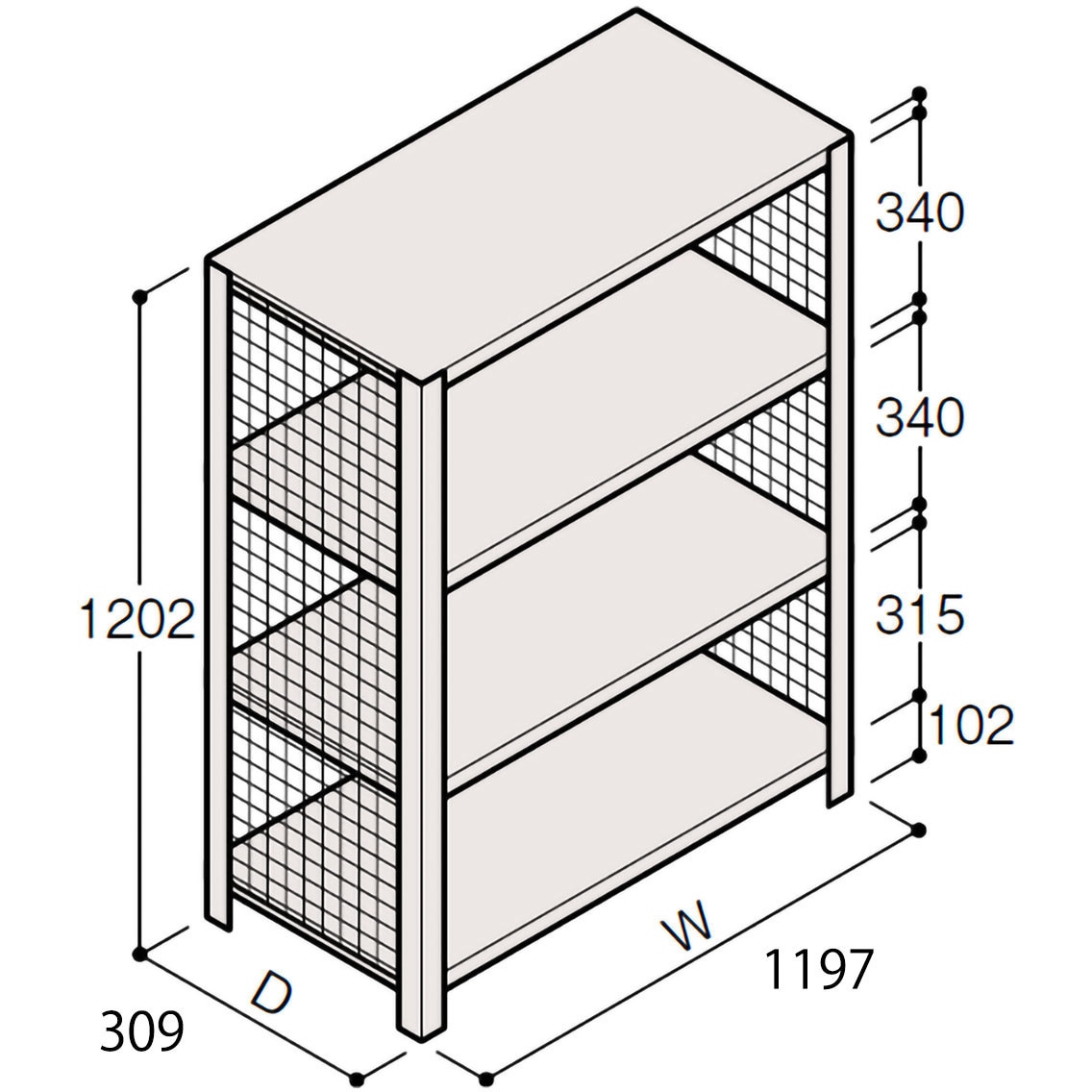 ERR-344330-W7 軽量棚ERR金網型H1200 有効棚 3段＜配送時組立サービス付＞ イトーキ 外形寸法1197×309×1202mm  ERR-344330-W7