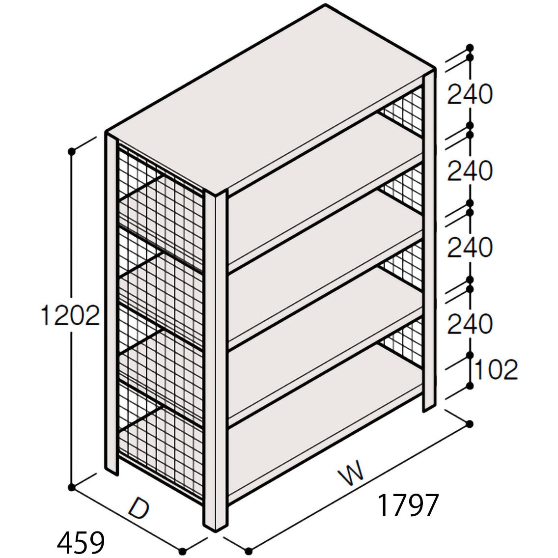 ERR-346440-W7 軽量棚ERR金網型H1200 有効棚 4段＜配送時組立サービス付＞ イトーキ 外形寸法1797×459×1202mm  ERR-346440-W7