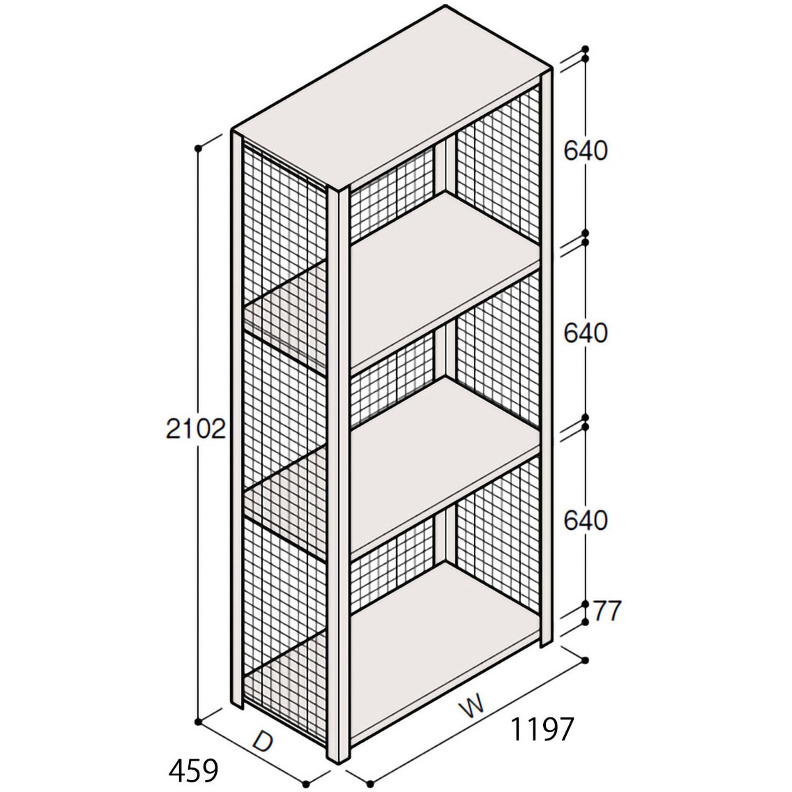 ERR-374430-W7 軽量棚ERR金網型H2100 有効棚 3段＜配送時組立サービス付＞ イトーキ 外形寸法1197×459×2102mm  ERR-374430-W7