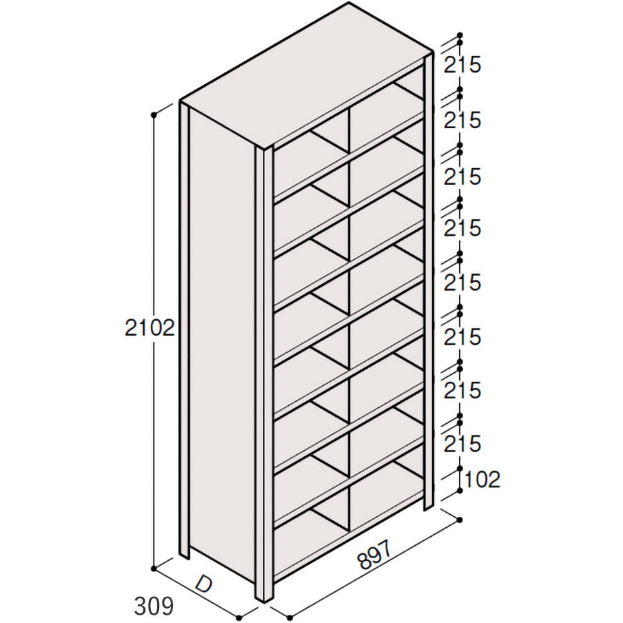 ERR-573381-W7 軽量棚ERR仕切型H2100＜配送時組立サービス付＞ イトーキ 外形寸法897×309×2102mm  ERR-573381-W7